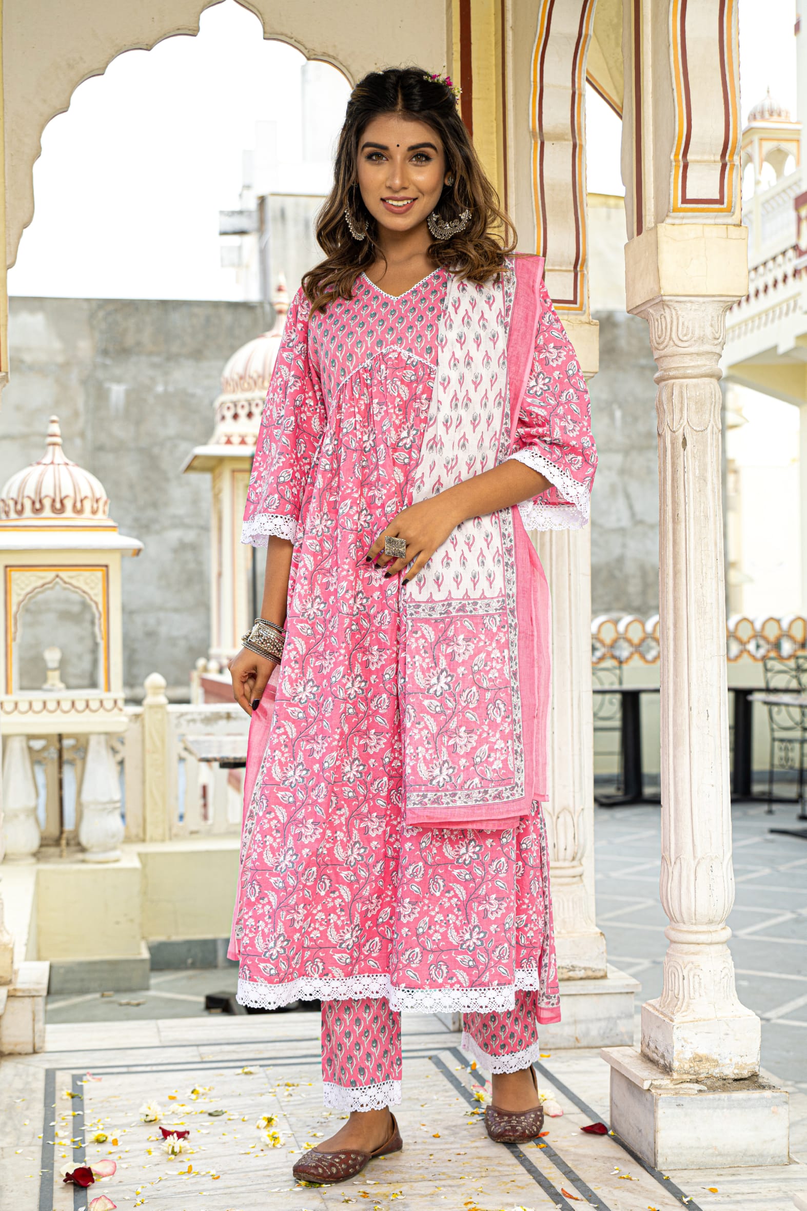 White Pink Hand Block Cotton Kurta Pant & Mulmul Dupatta
