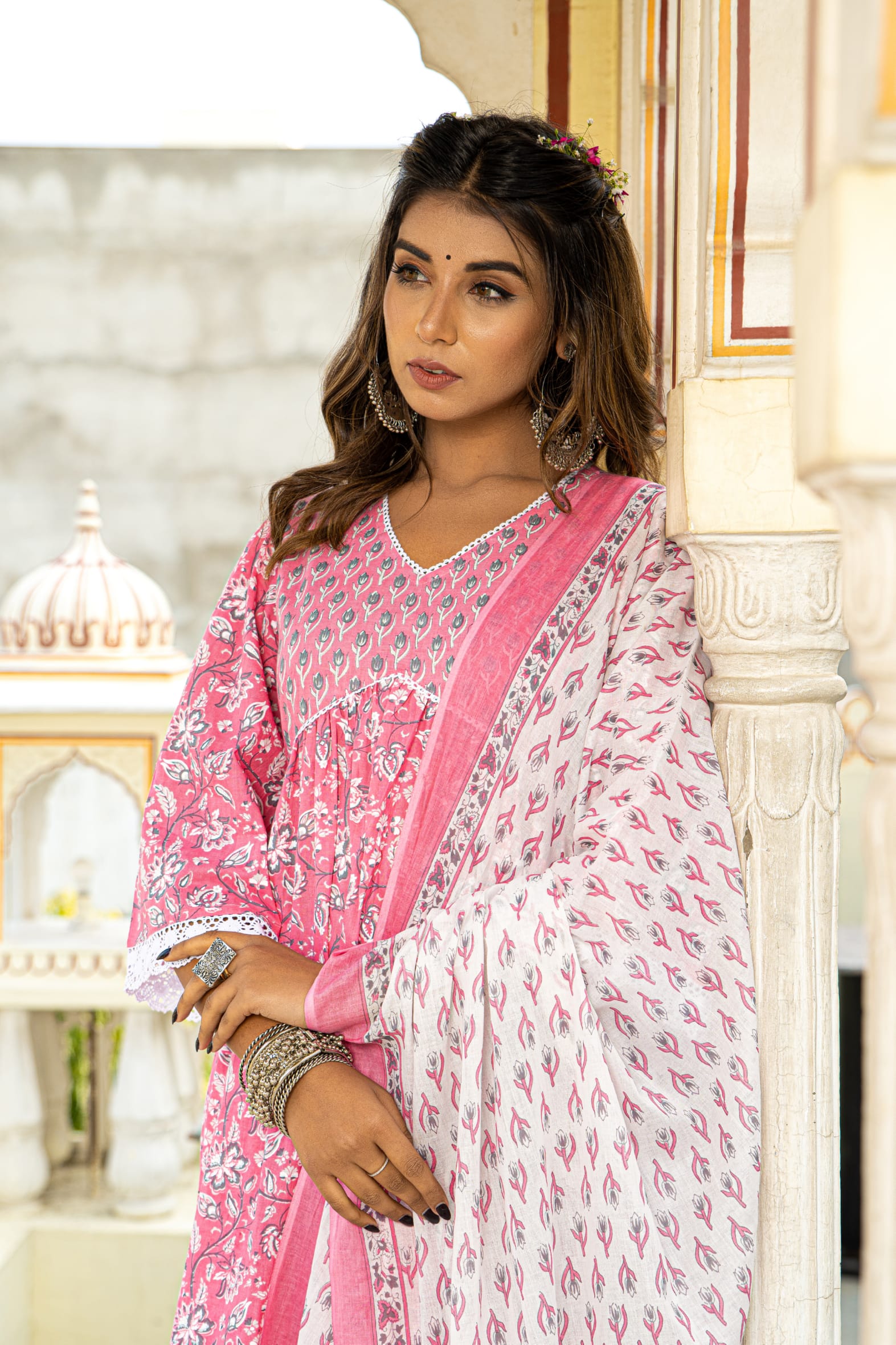 White Pink Hand Block Cotton Kurta Pant & Mulmul Dupatta
