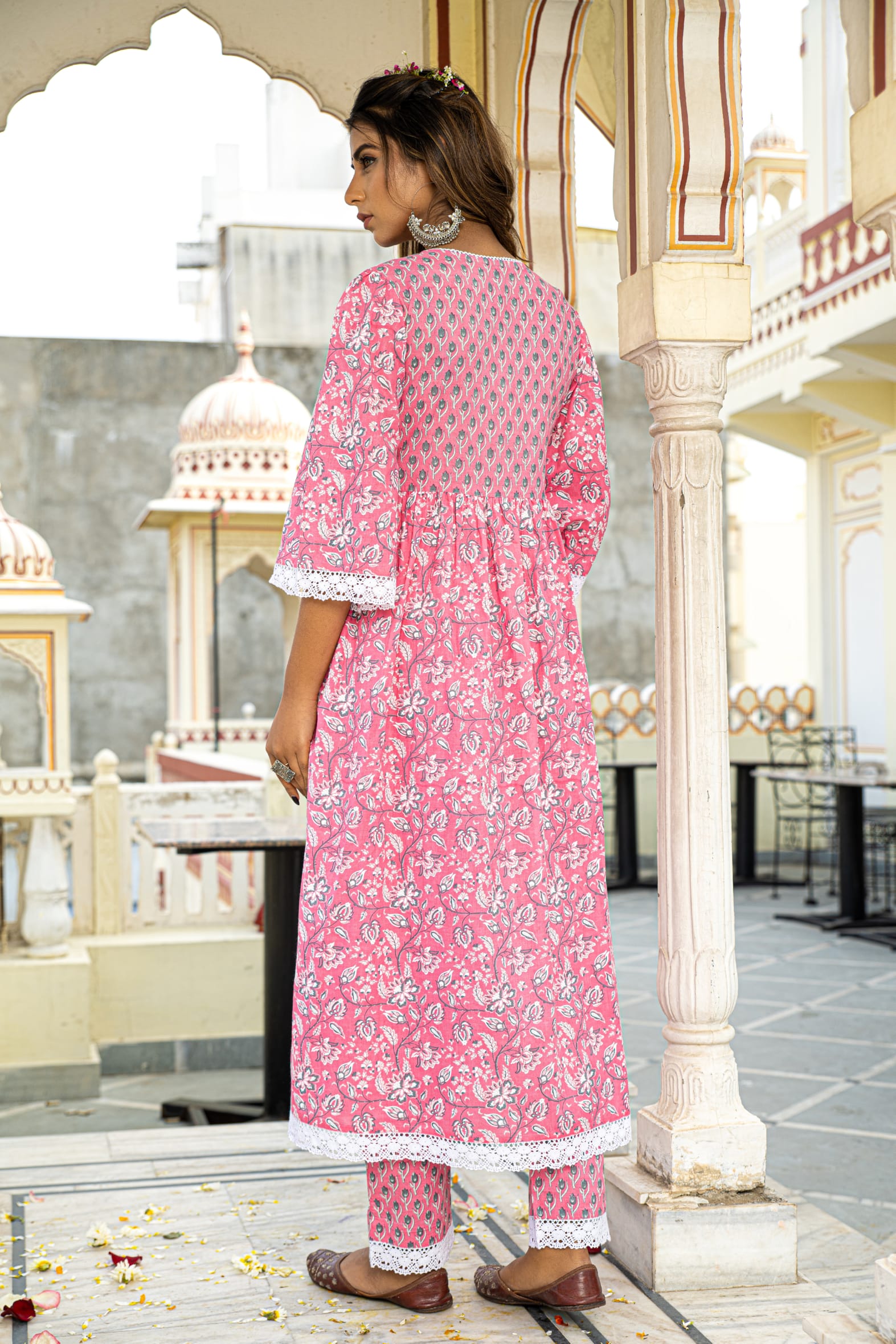 White Pink Hand Block Cotton Kurta Pant & Mulmul Dupatta