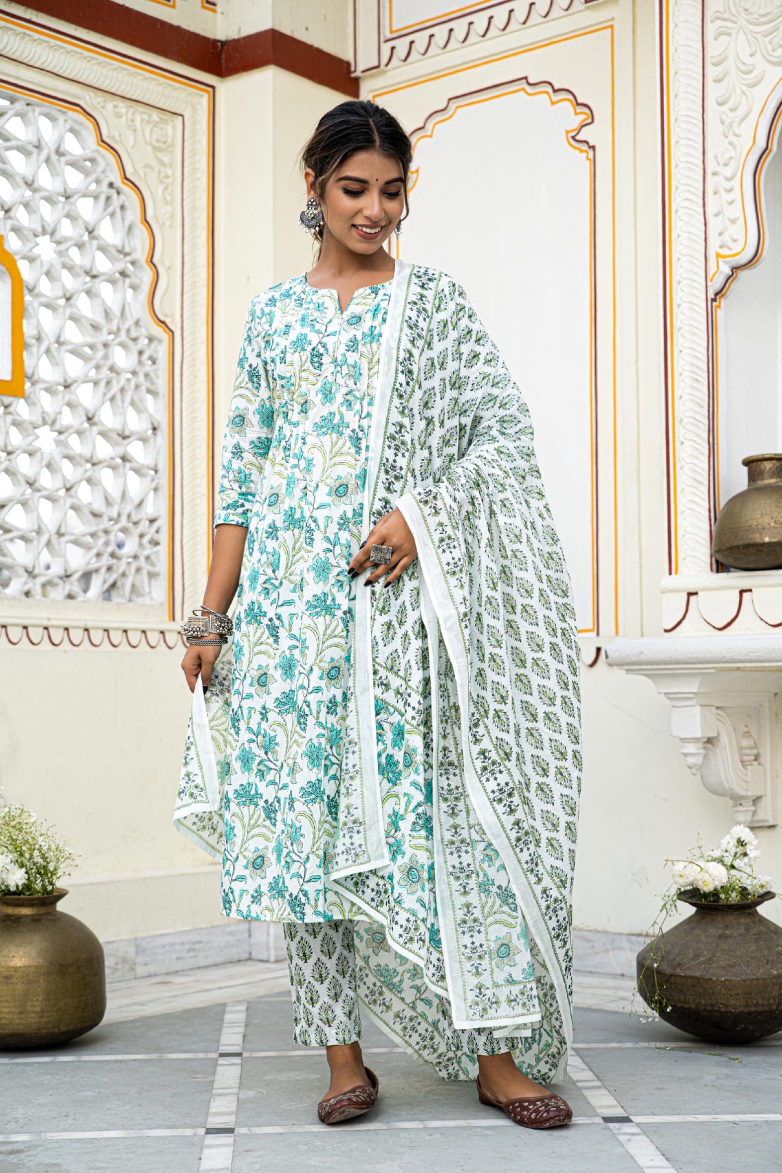 White Pleated Cotton Kurta Pant & Mulmul Cotton Dupatta Set
