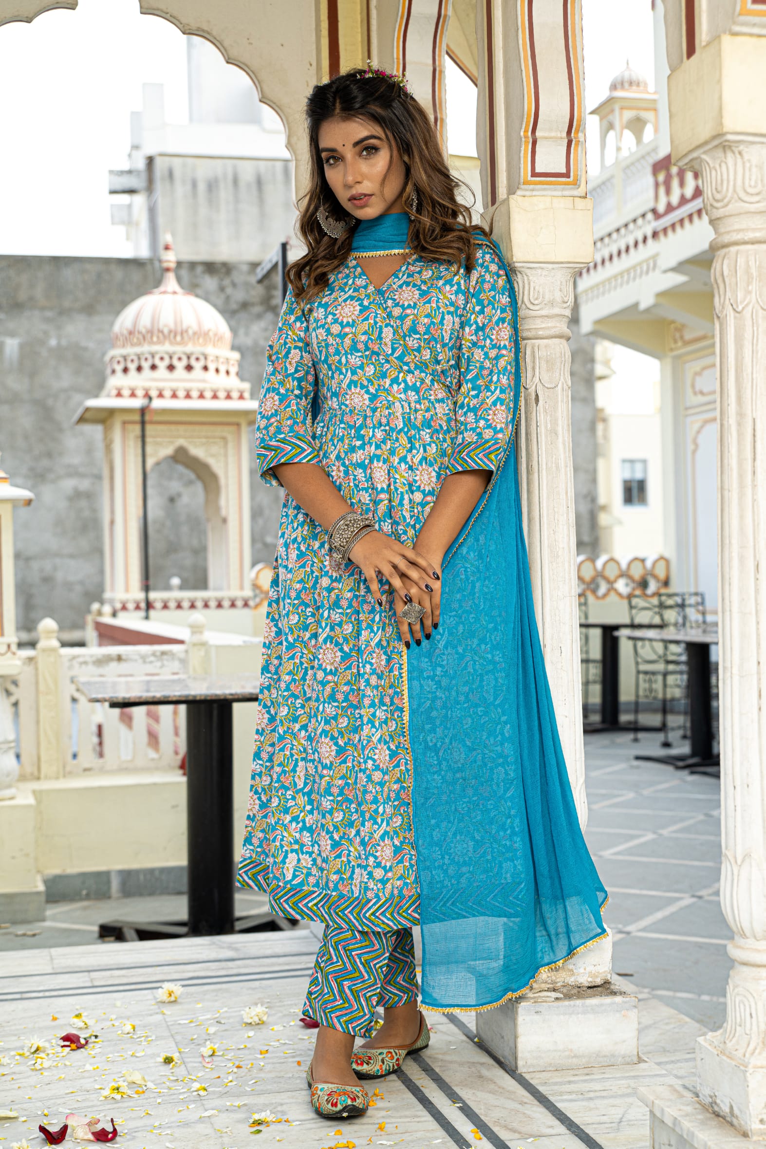 Blue Hand Block Angrakha Cotton Kurta Pant & Kota Doria Set