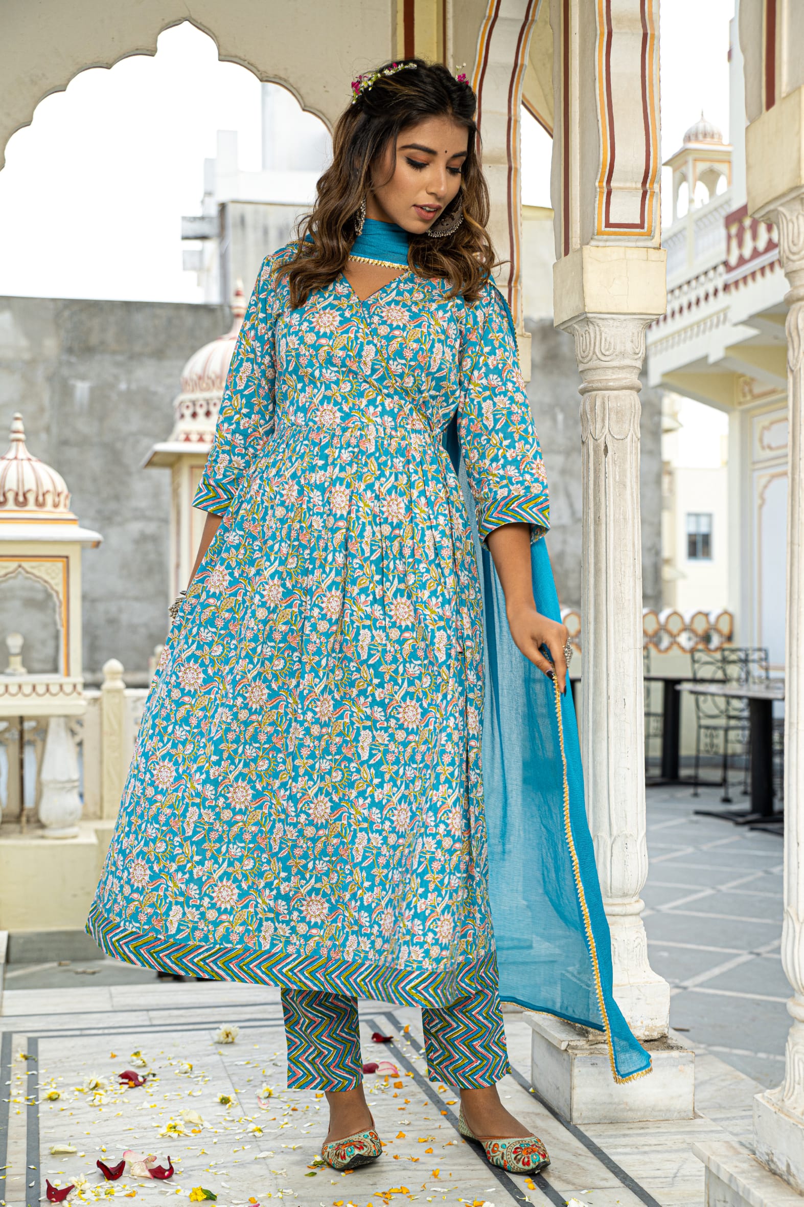 Blue Hand Block Angrakha Cotton Kurta Pant & Kota Doria Set