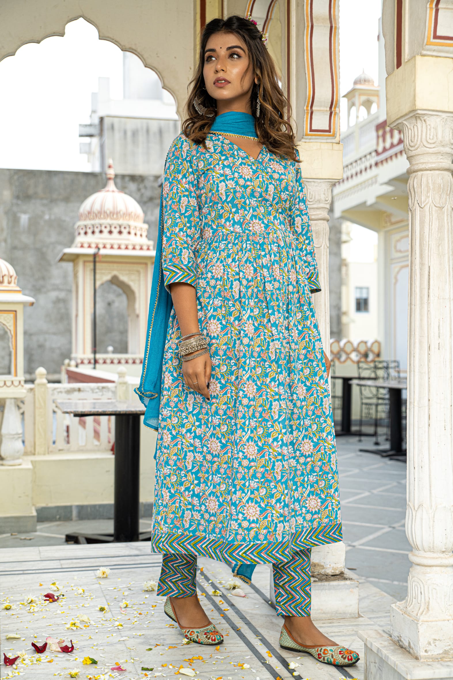 Blue Hand Block Angrakha Cotton Kurta Pant & Kota Doria Set