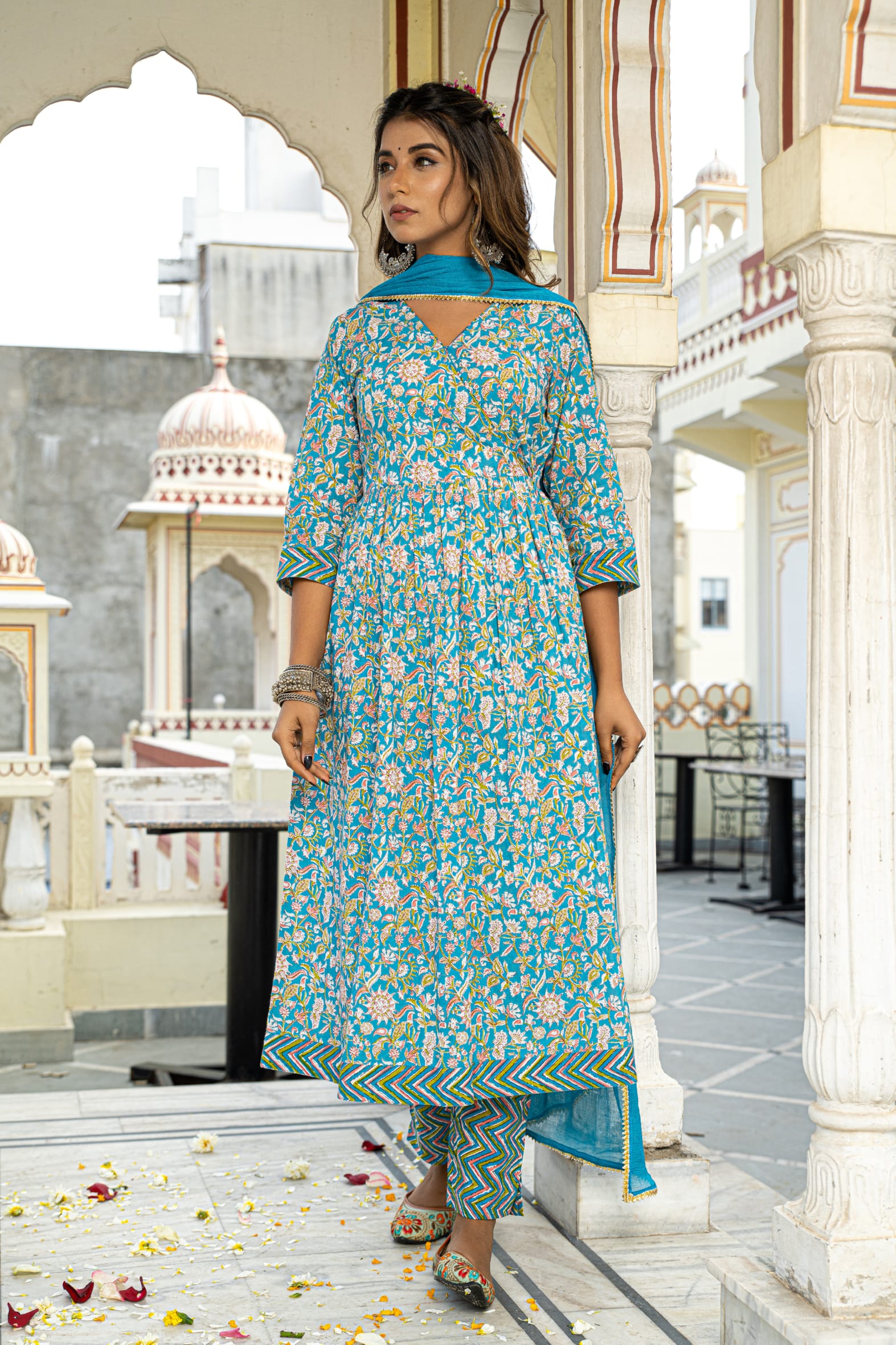 Blue Hand Block Angrakha Cotton Kurta Pant & Kota Doria Set