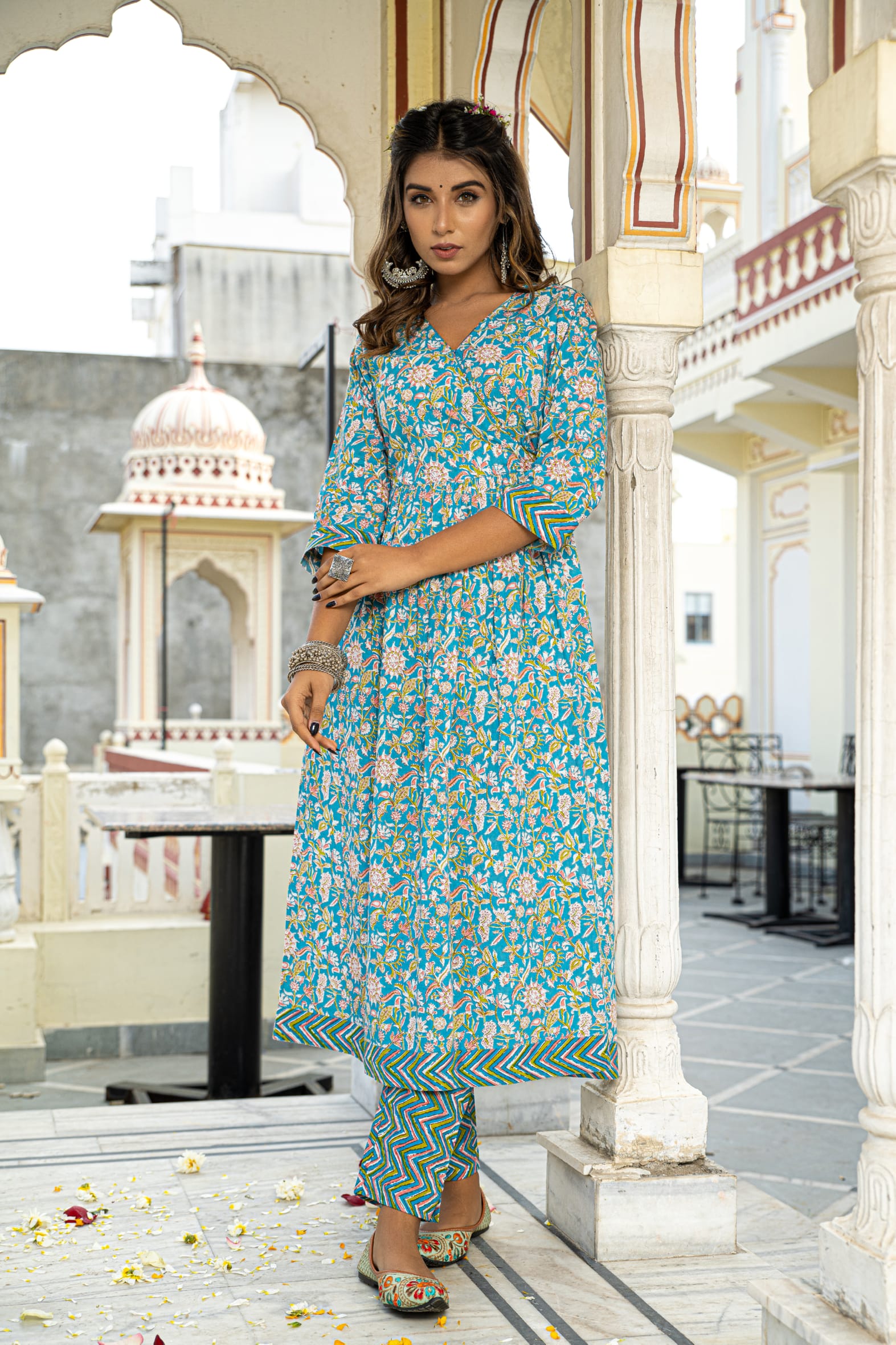 Traditional Blue Hand Block Cotton Angrakha Kurta Pants Set