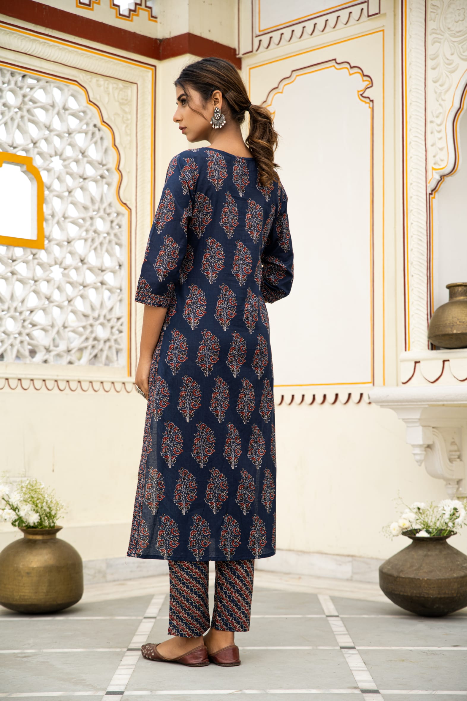 Classic Navy Hand Block Printed Cotton Kurta Pants Set