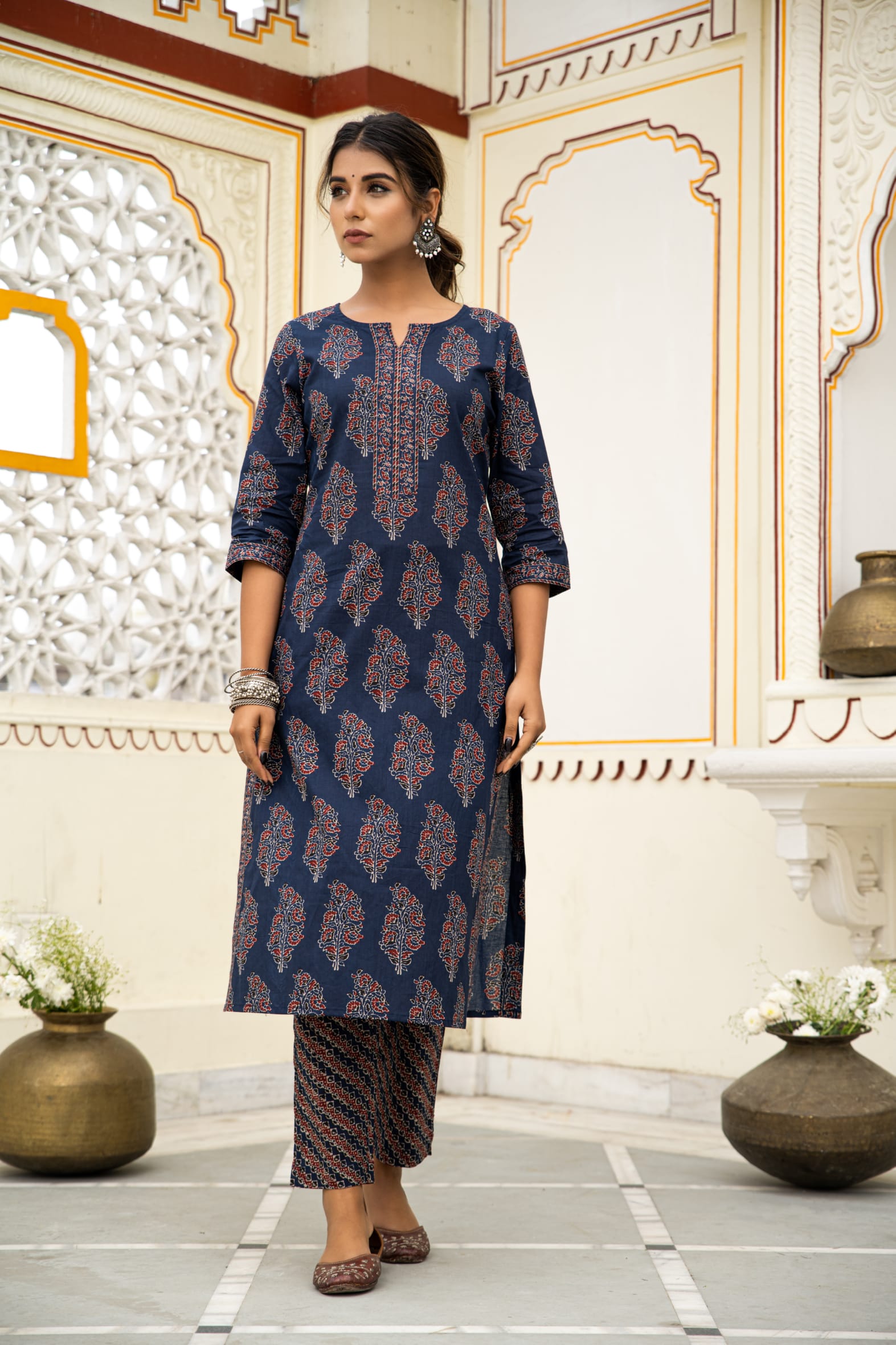 Classic Navy Hand Block Printed Cotton Kurta Pants Set