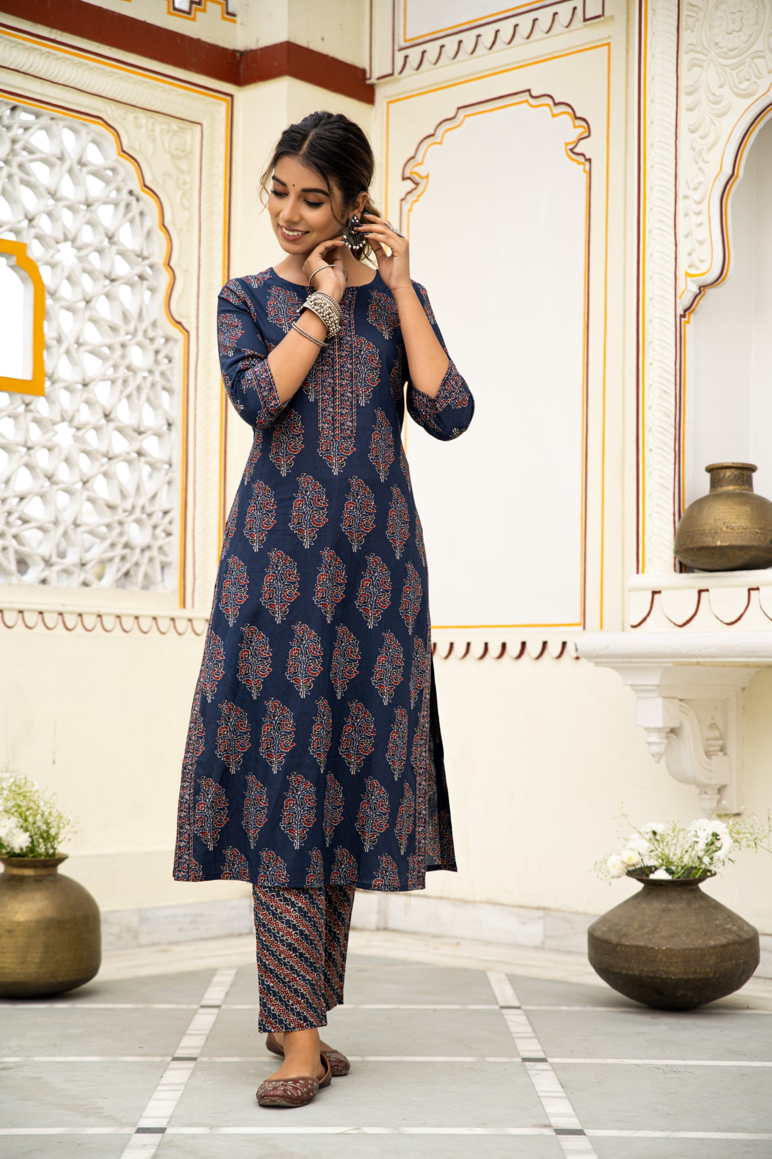 Classic Navy Hand Block Printed Cotton Kurta Pants Set