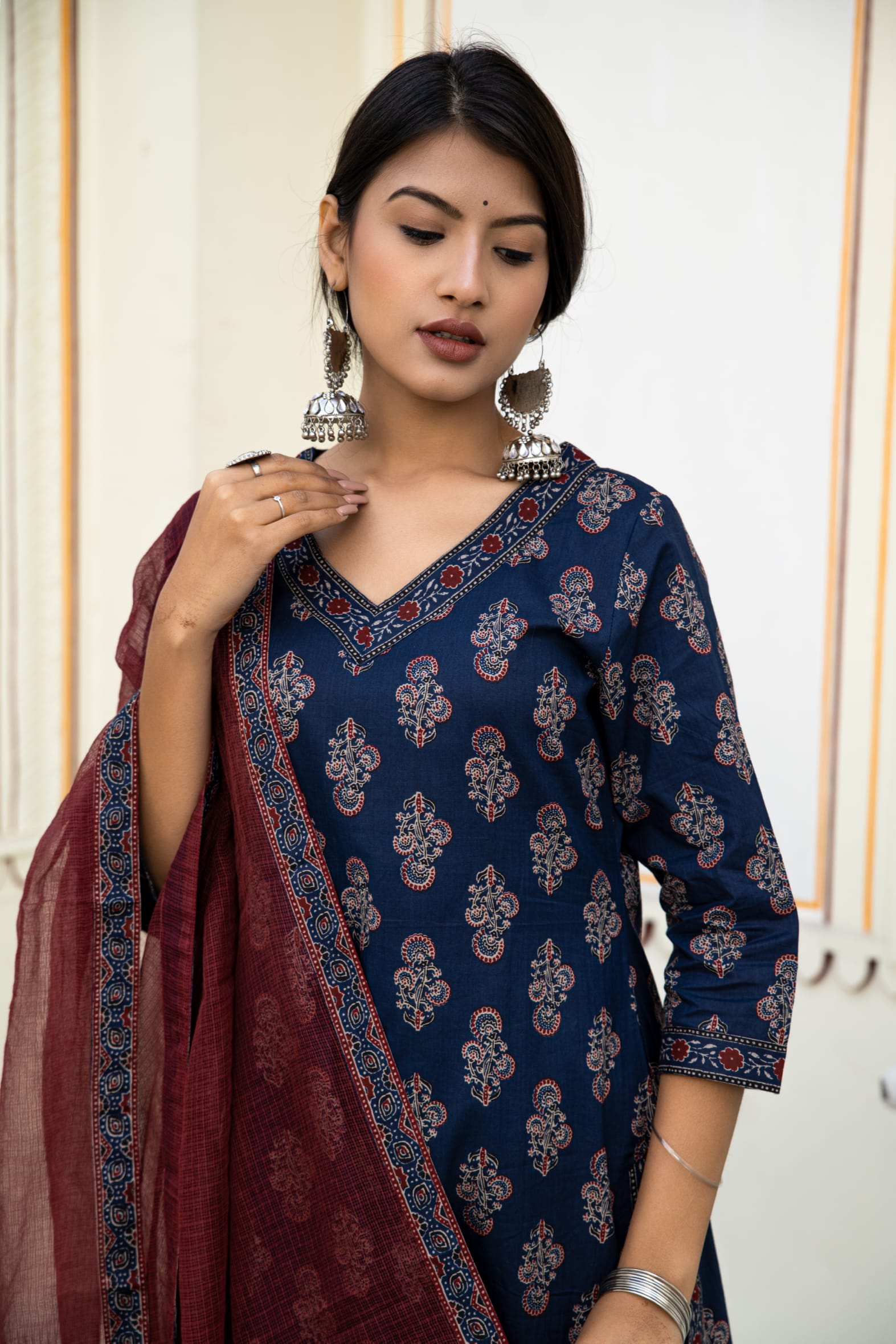 Navy Ajrakh Butta Cotton Kurta Pant & Kota Doria Dupatta