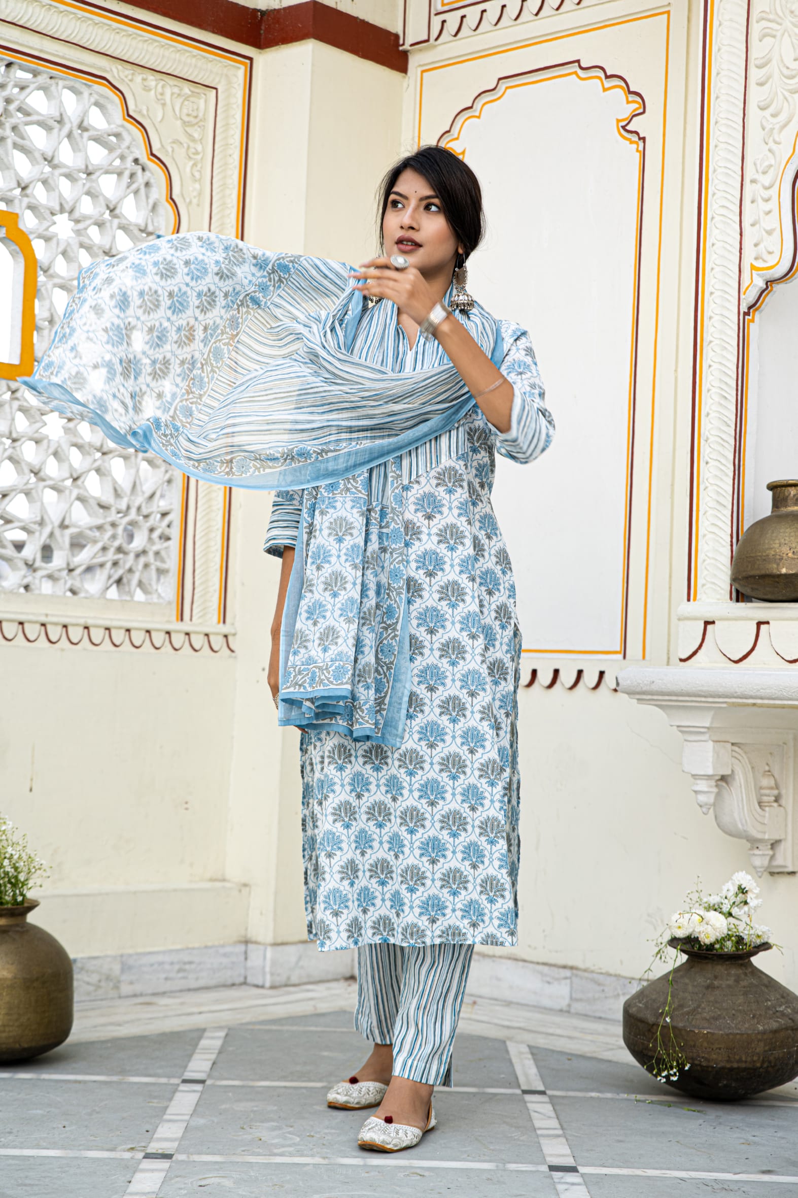 White Blue Cotton Kurta Pant & Mulmul Cotton Dupatta Set