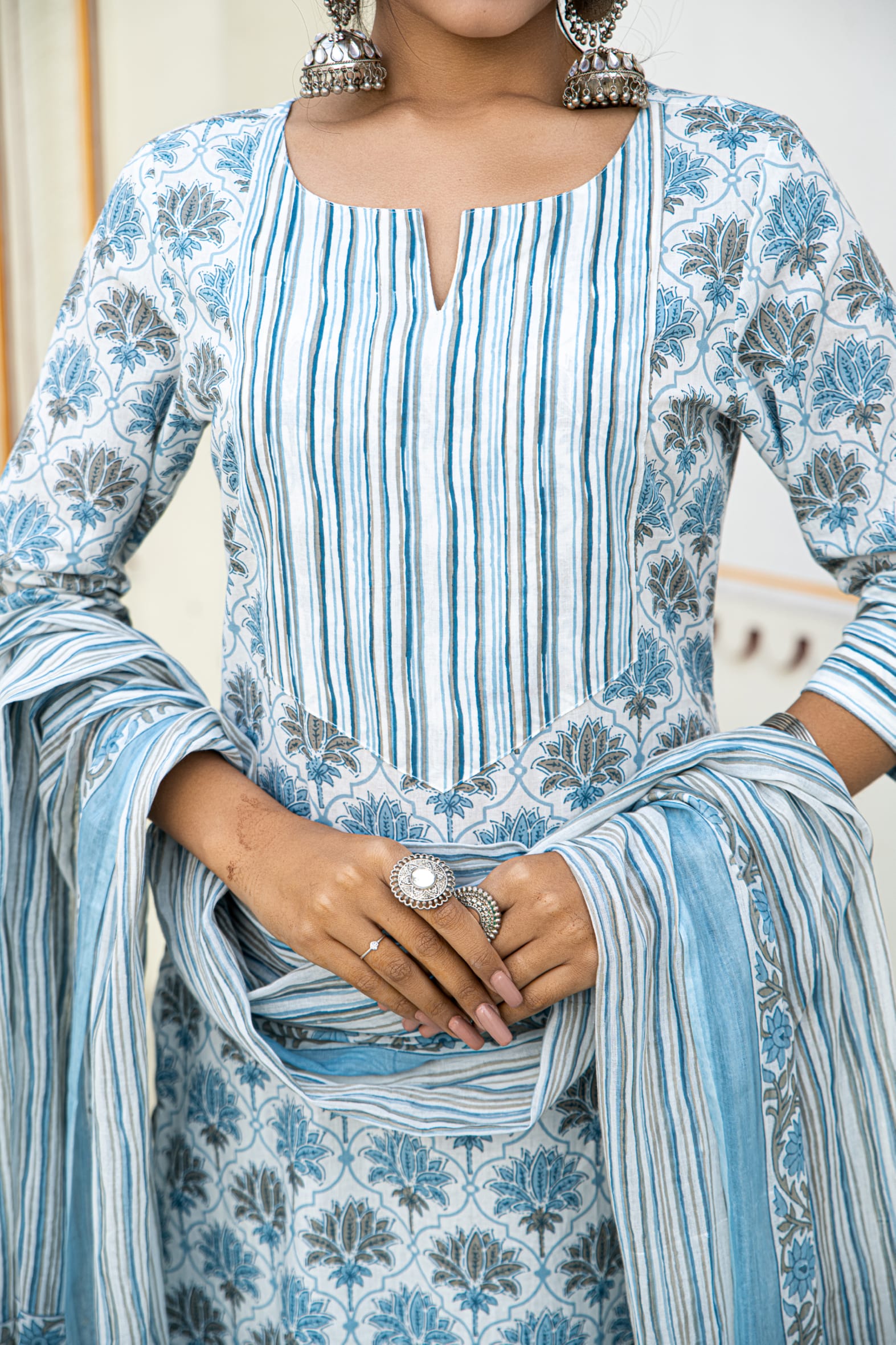 White Blue Cotton Kurta Pant & Mulmul Cotton Dupatta Set
