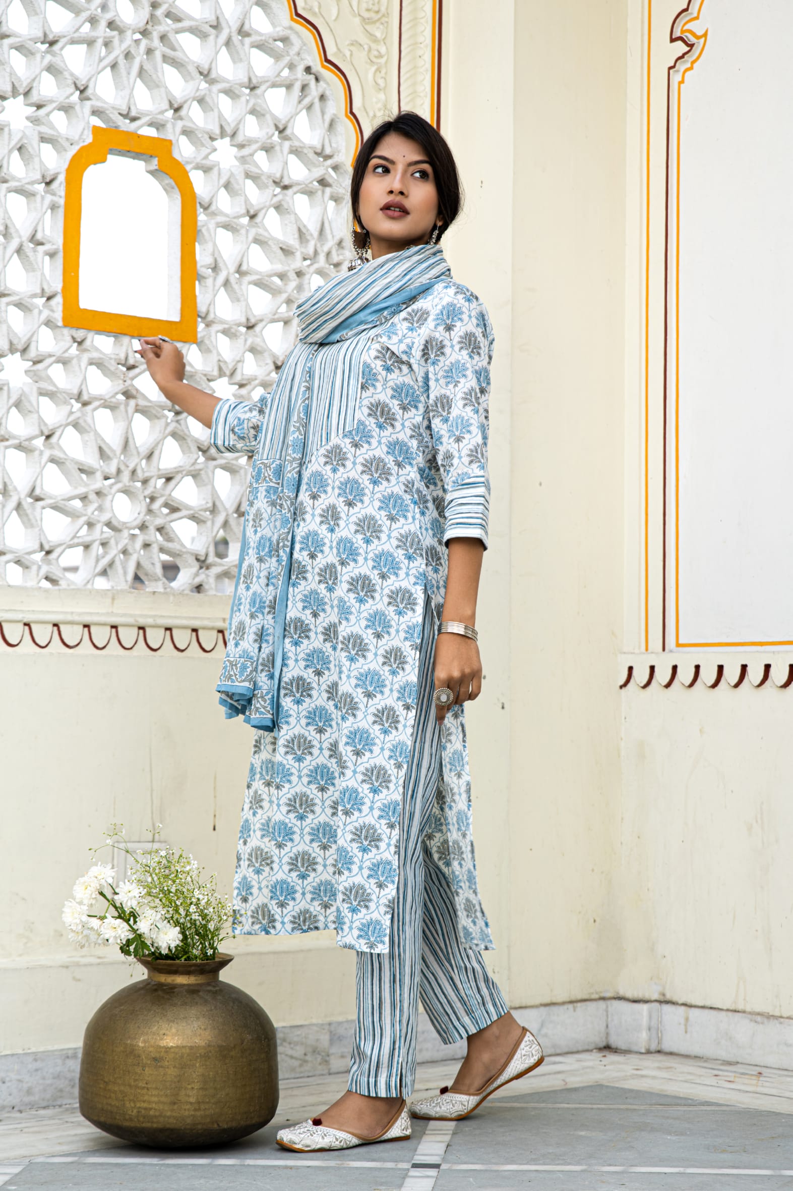 White Blue Cotton Kurta Pant & Mulmul Cotton Dupatta Set