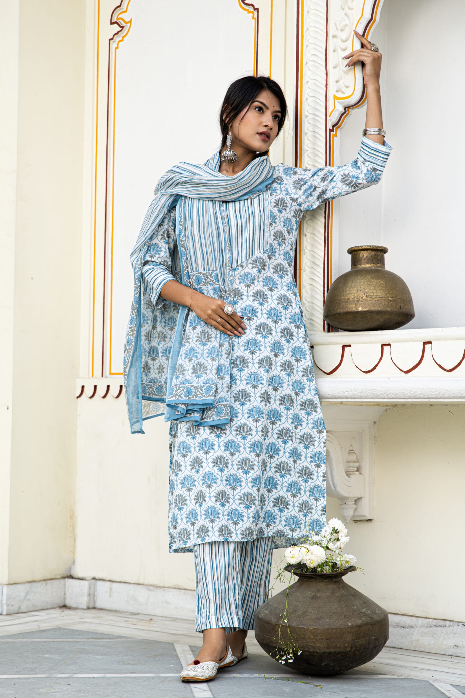 White Blue Cotton Kurta Pant & Mulmul Cotton Dupatta Set