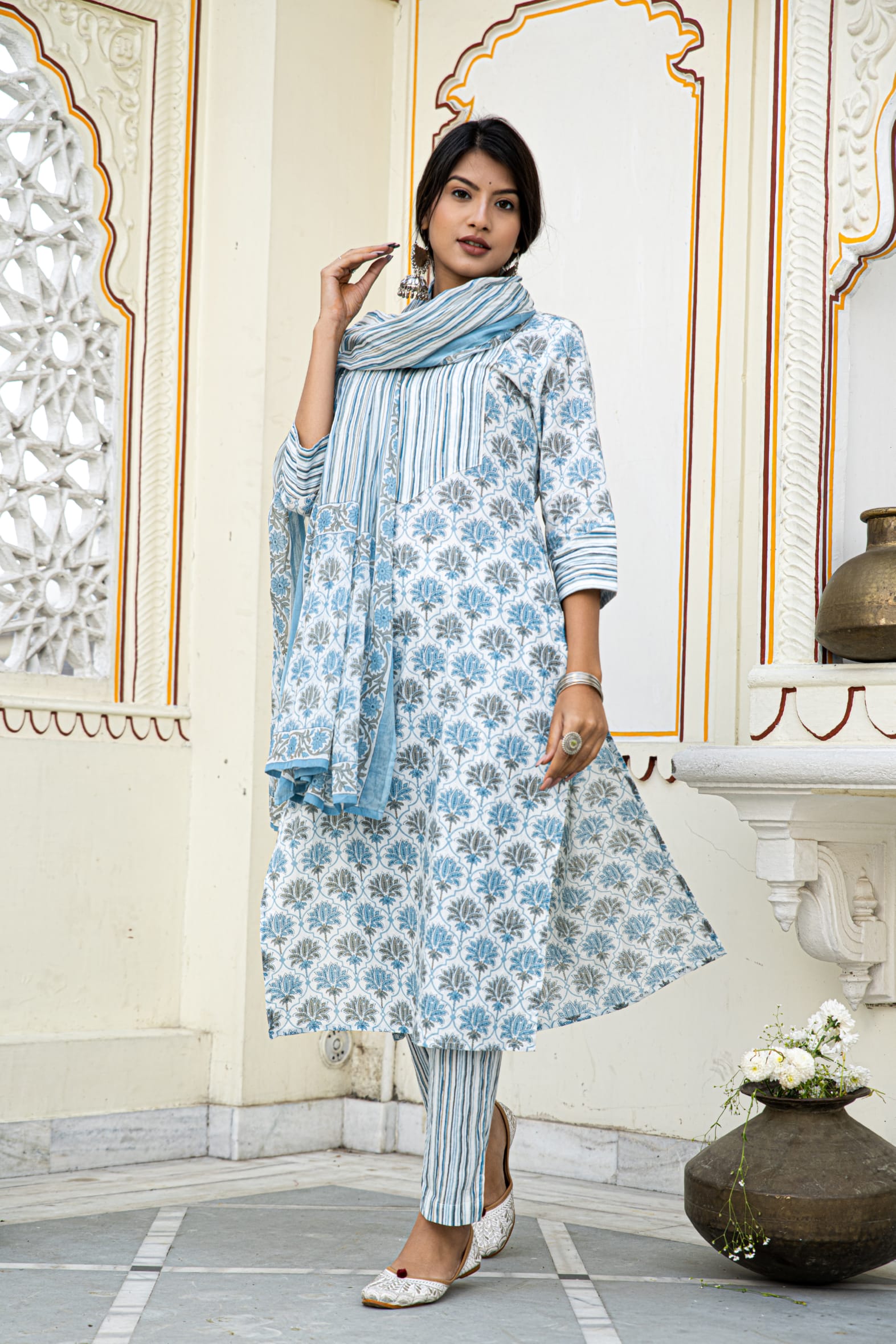 White Blue Cotton Kurta Pant & Mulmul Cotton Dupatta Set