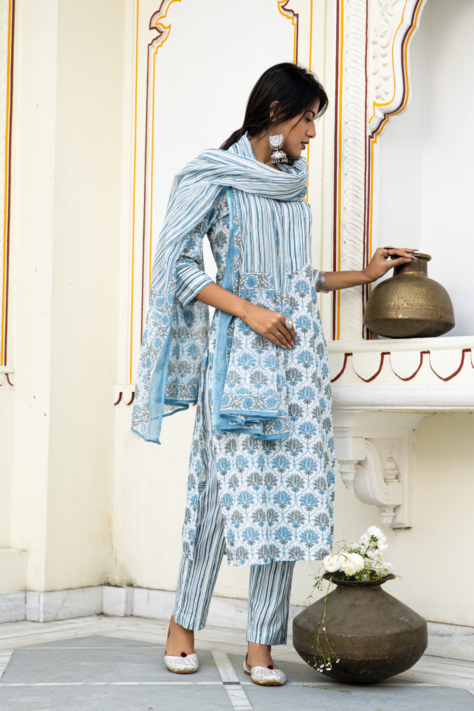 White Blue Cotton Kurta Pant & Mulmul Cotton Dupatta Set