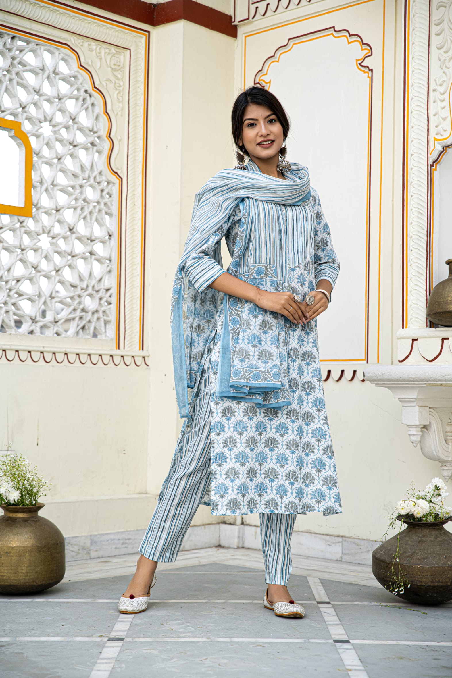 White Blue Cotton Kurta Pant & Mulmul Cotton Dupatta Set