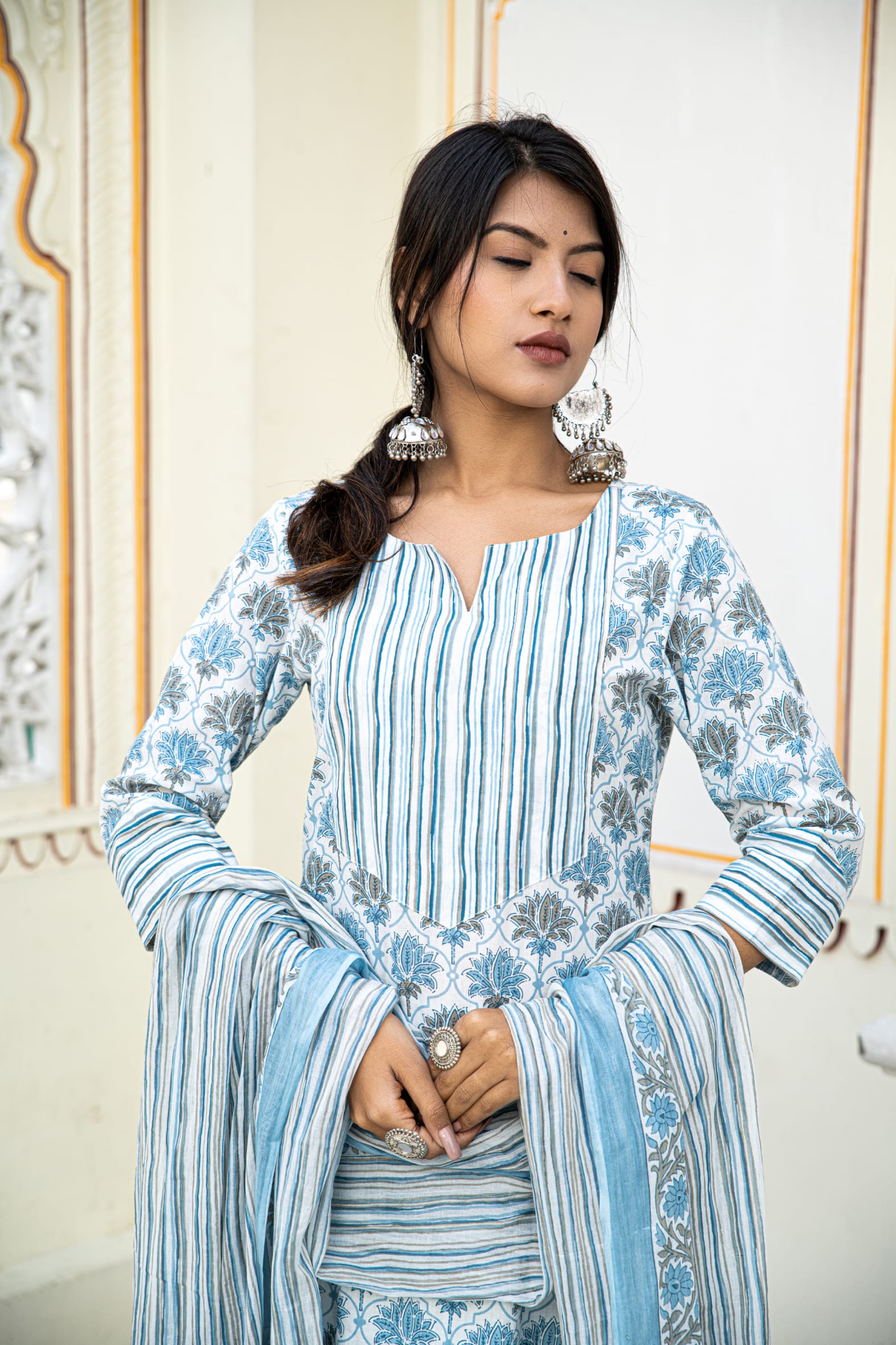 White Blue Cotton Kurta Pant & Mulmul Cotton Dupatta Set