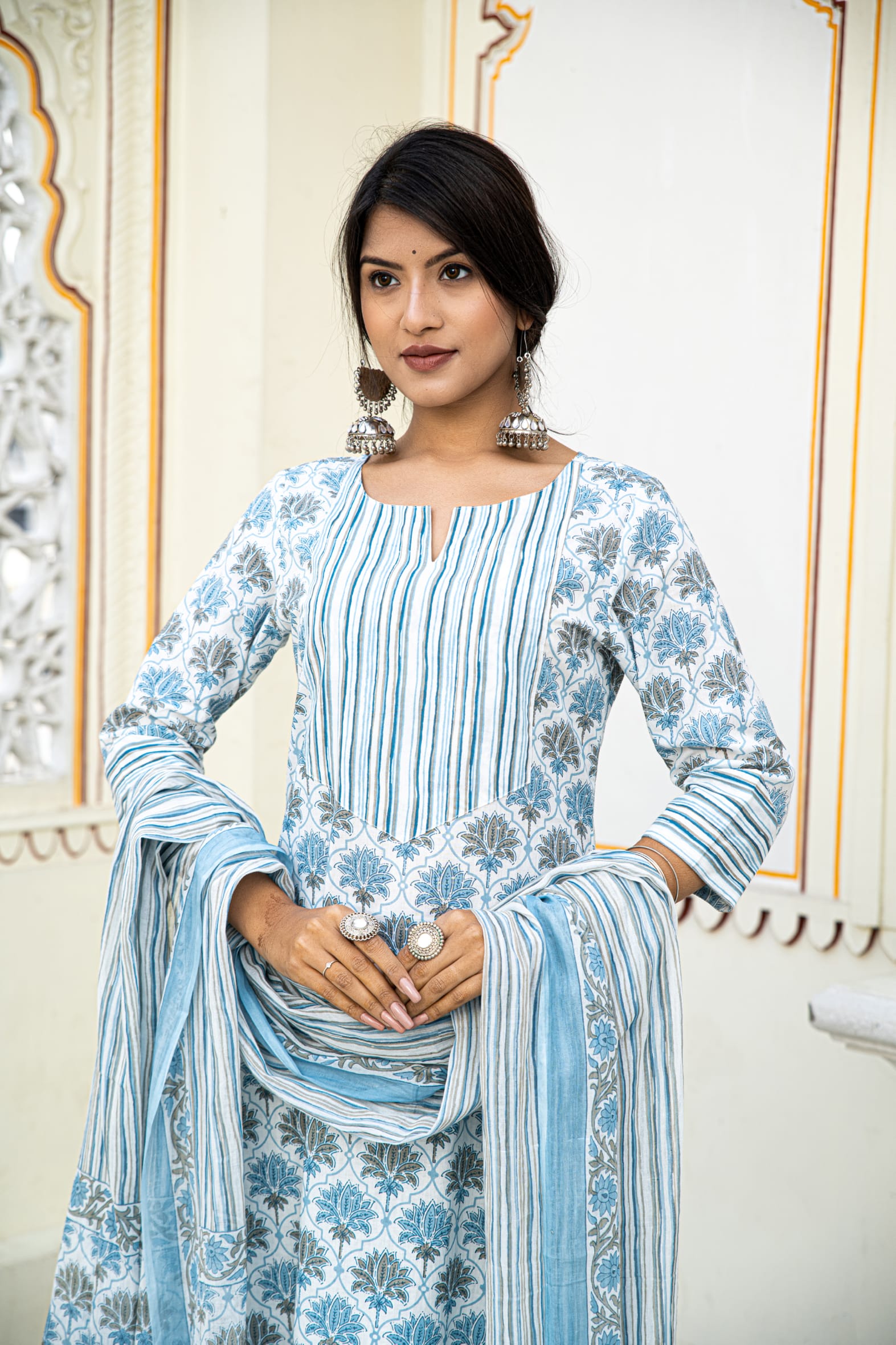 White Blue Cotton Kurta Pant & Mulmul Cotton Dupatta Set