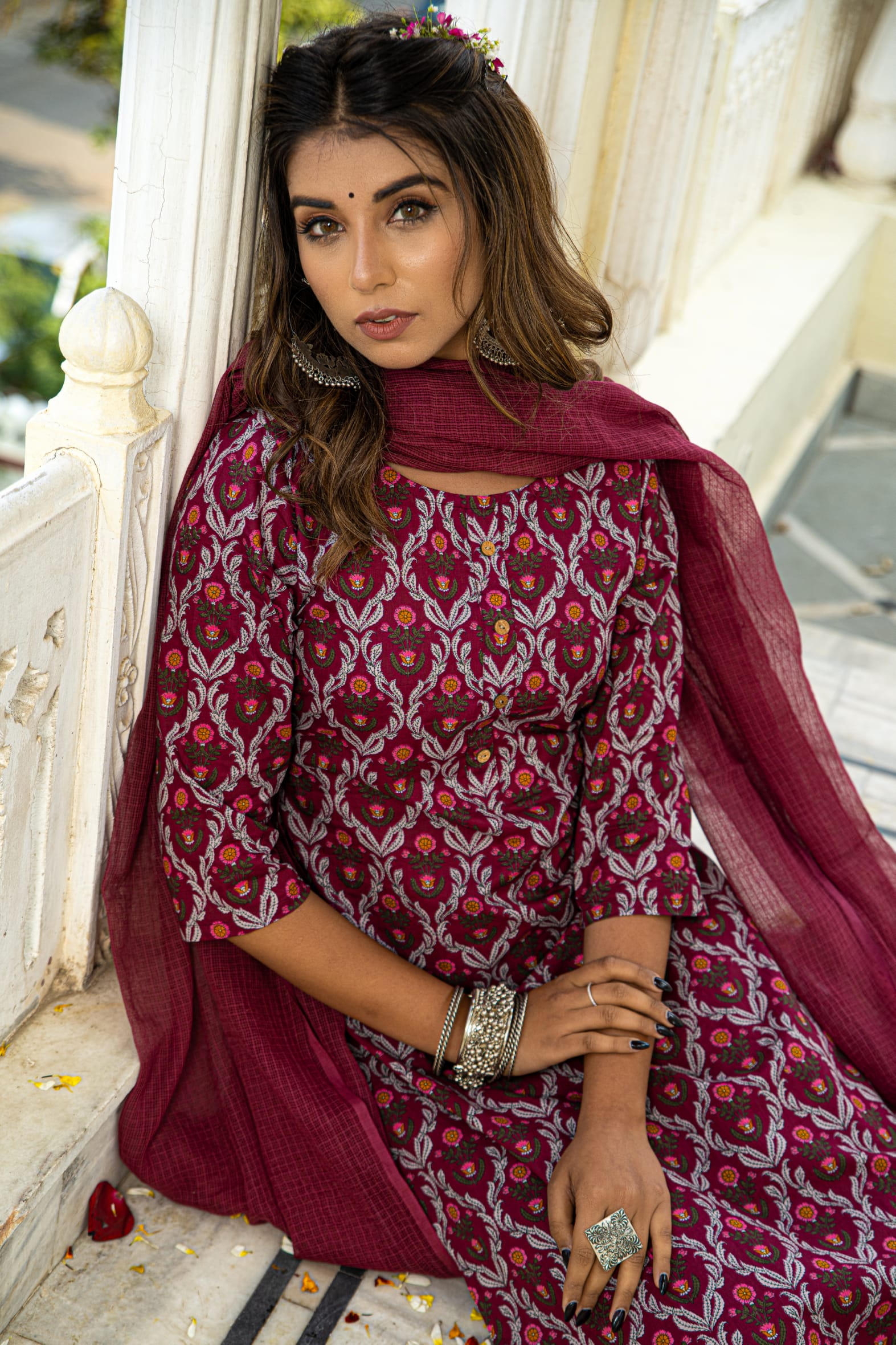 Burgundy Cotton Kurta Pant & Kota Doria Dupatta Set