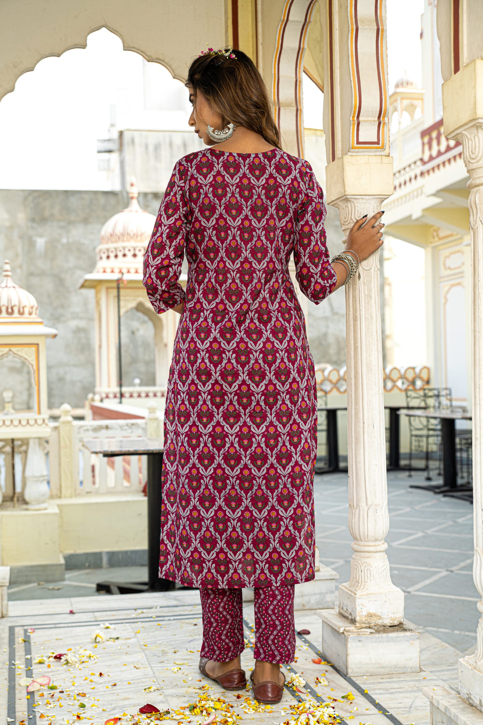Rich Burgundy Printed Cotton Kurta with Pants Set
