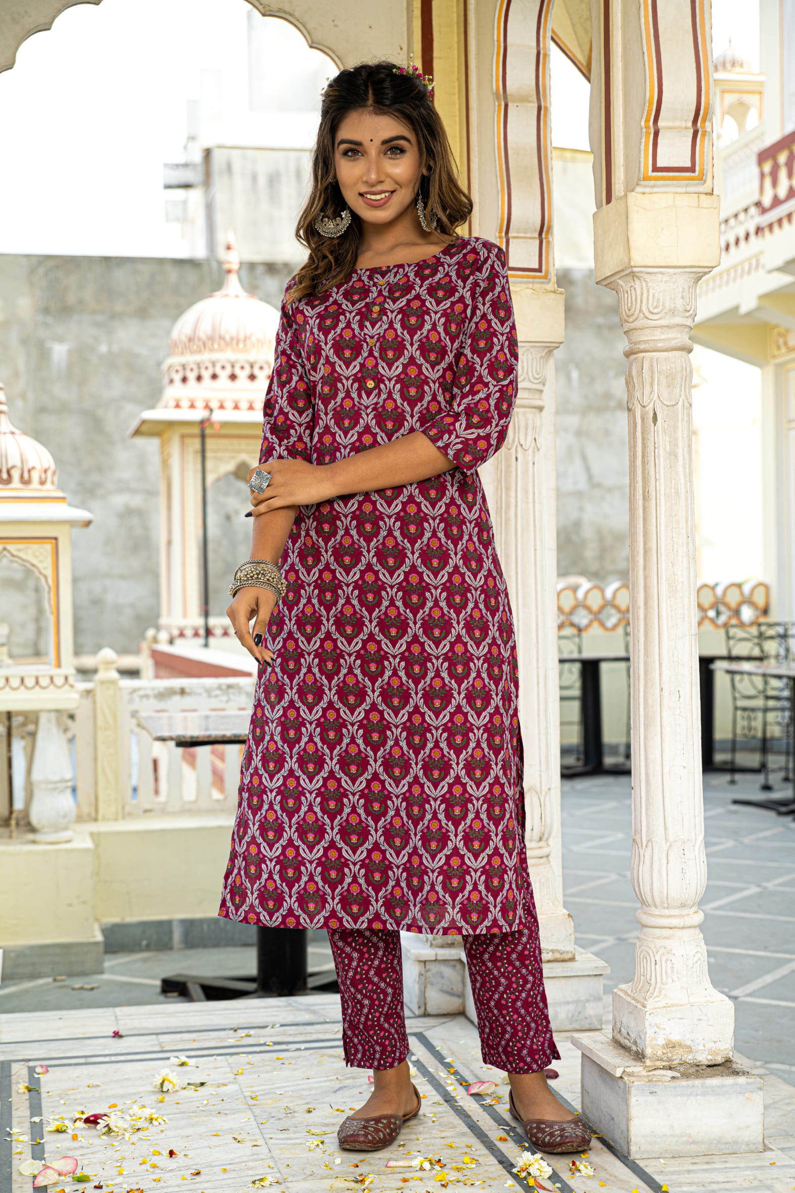 Rich Burgundy Printed Cotton Kurta with Pants Set