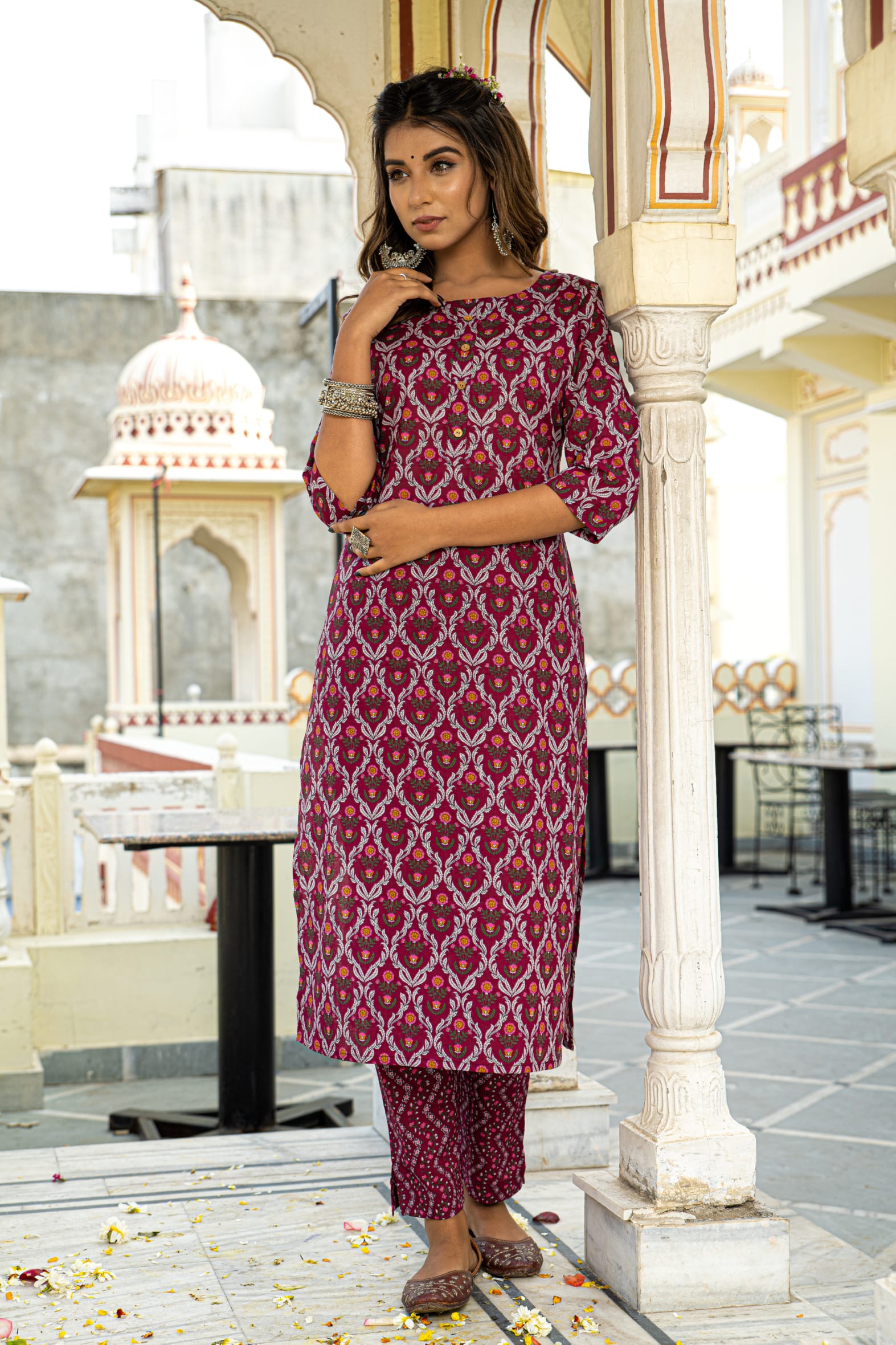 Rich Burgundy Printed Cotton Kurta with Pants Set