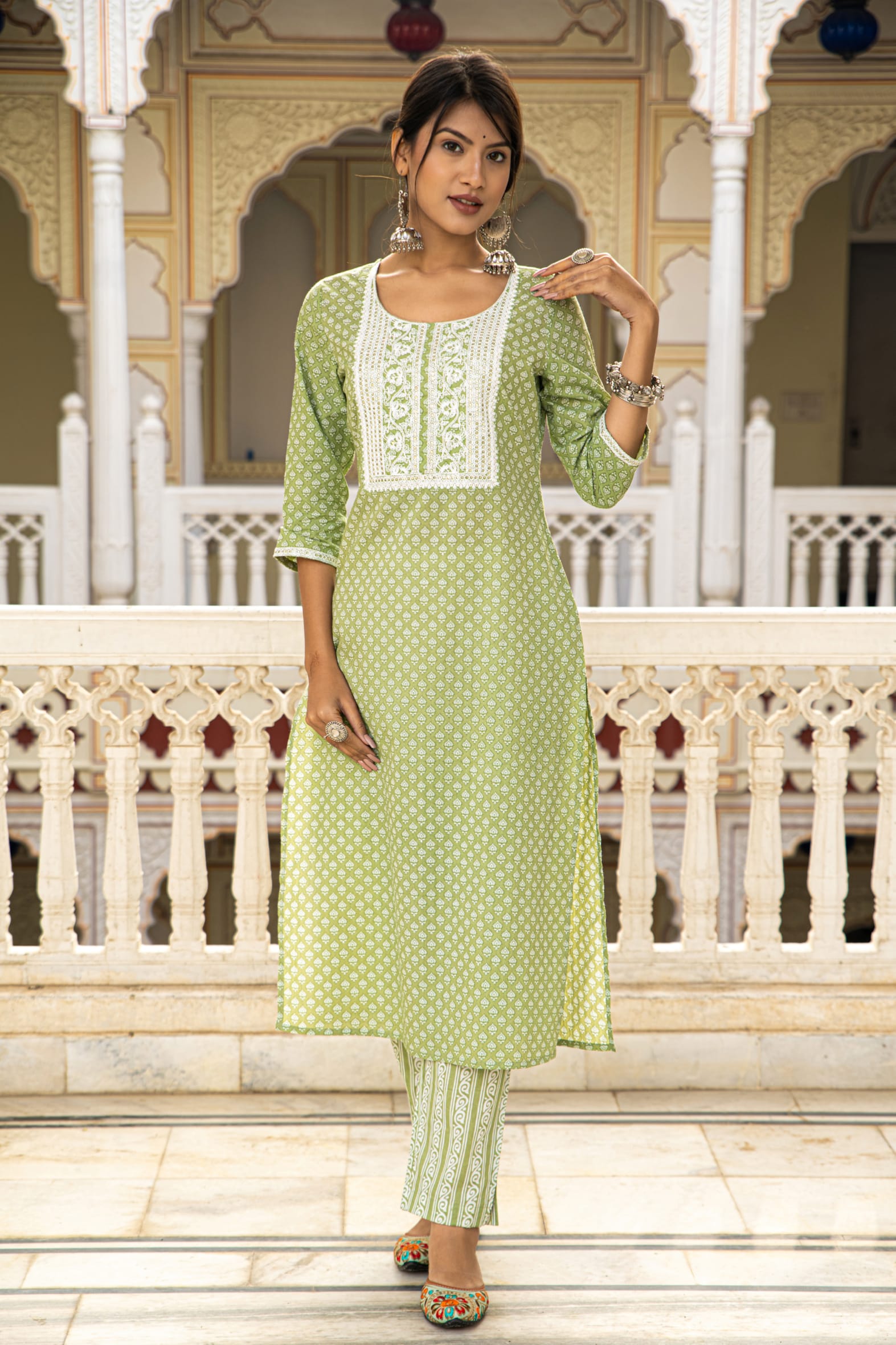 Green Cotton Butta Block Print Kurta Pant Set