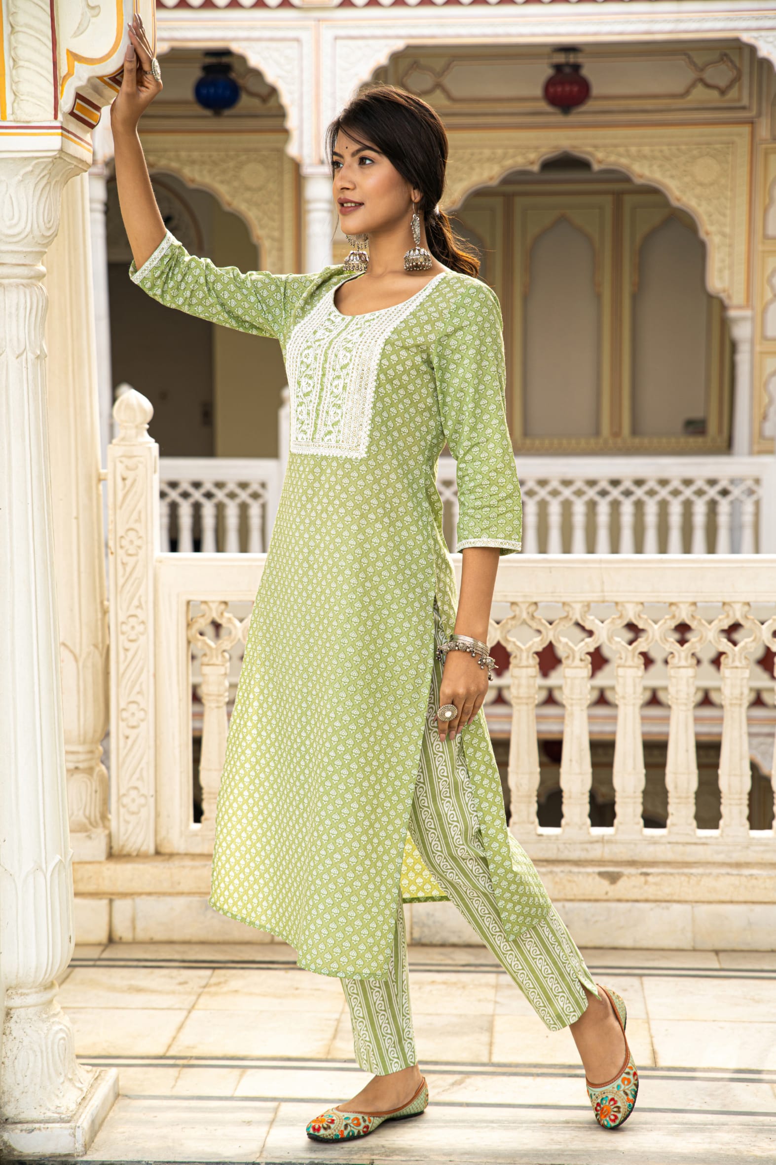 Green Cotton Butta Block Print Kurta Pant Set