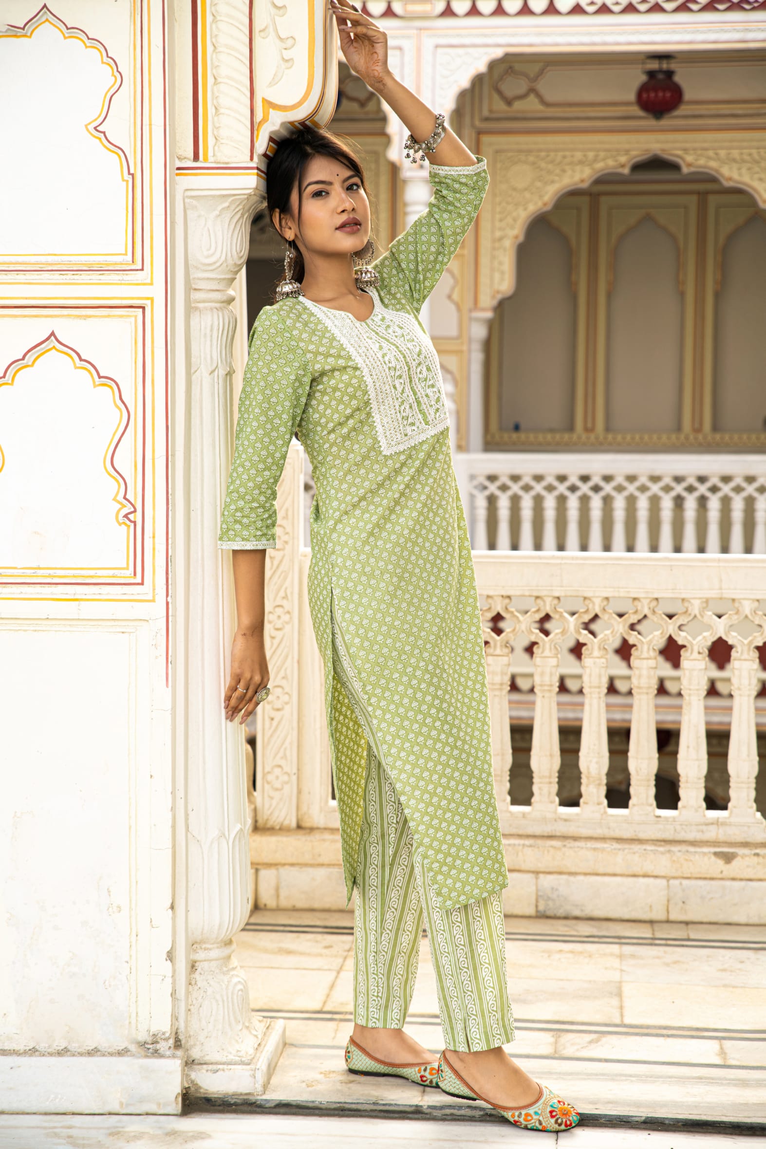 Green Cotton Butta Block Print Kurta Pant Set