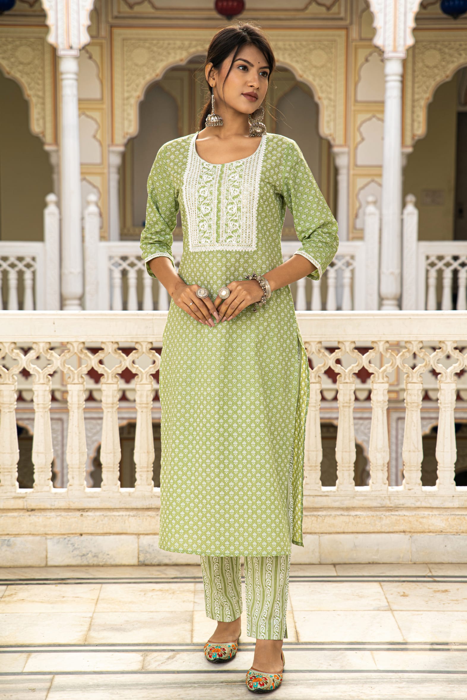 Green Cotton Butta Block Print Kurta Pant Set