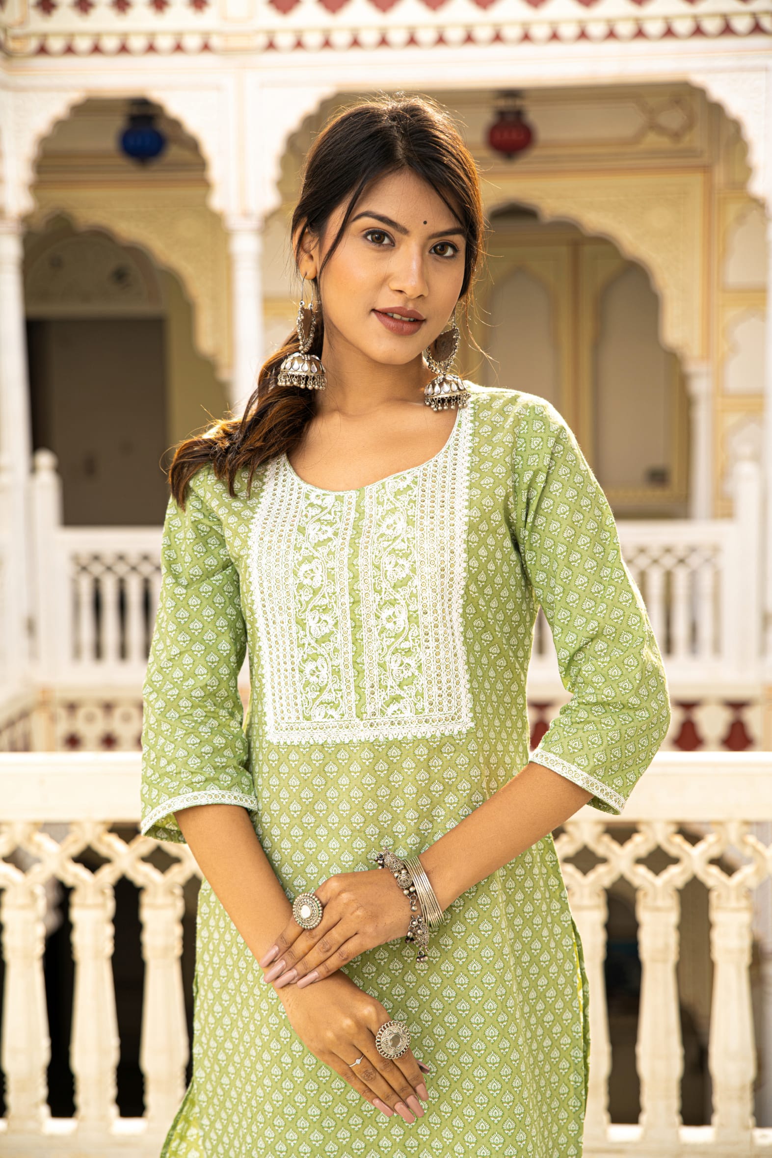 Green Cotton Butta Block Print Kurta Pant Set