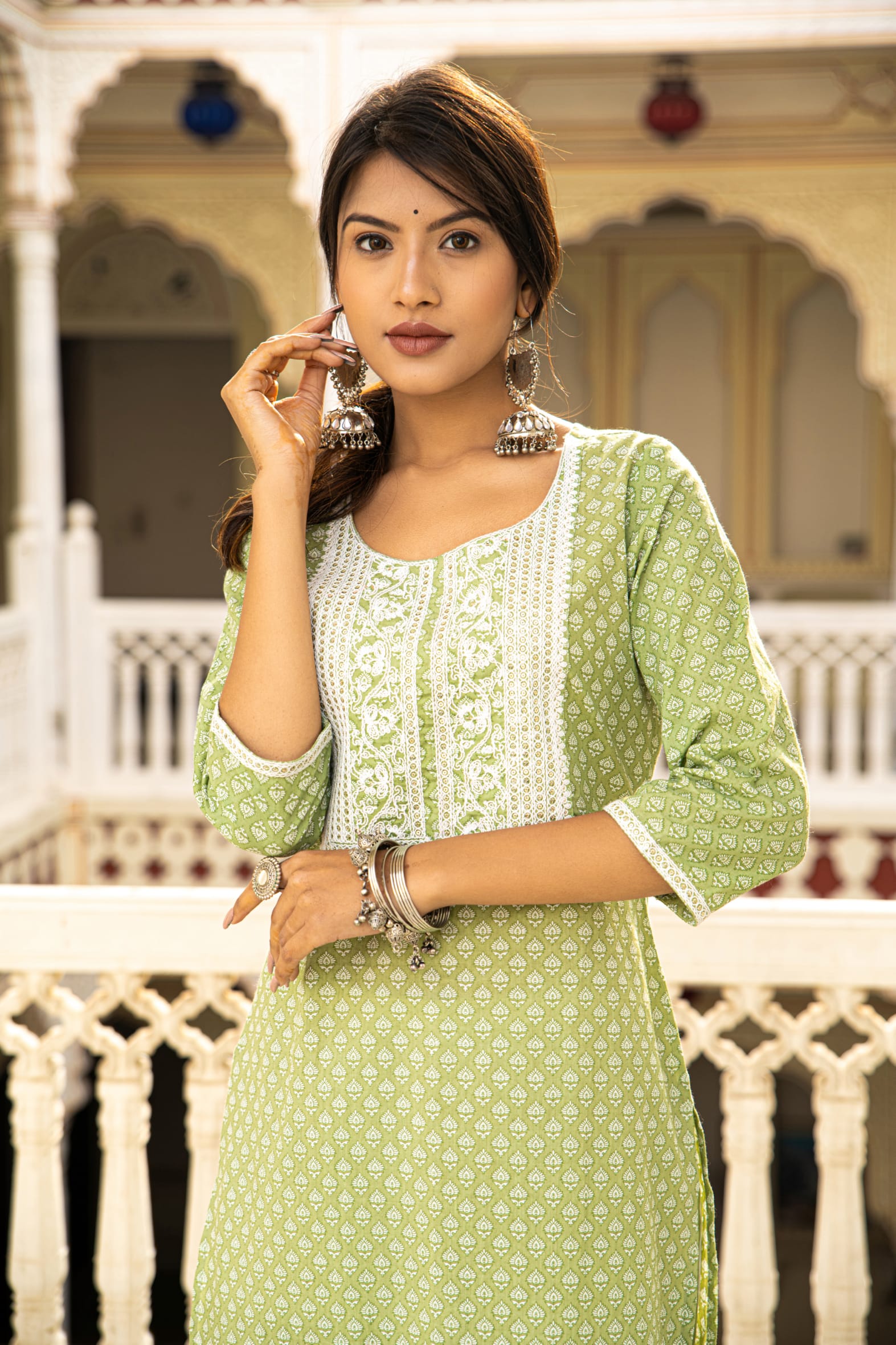 Green Cotton Butta Block Print Kurta Pant Set