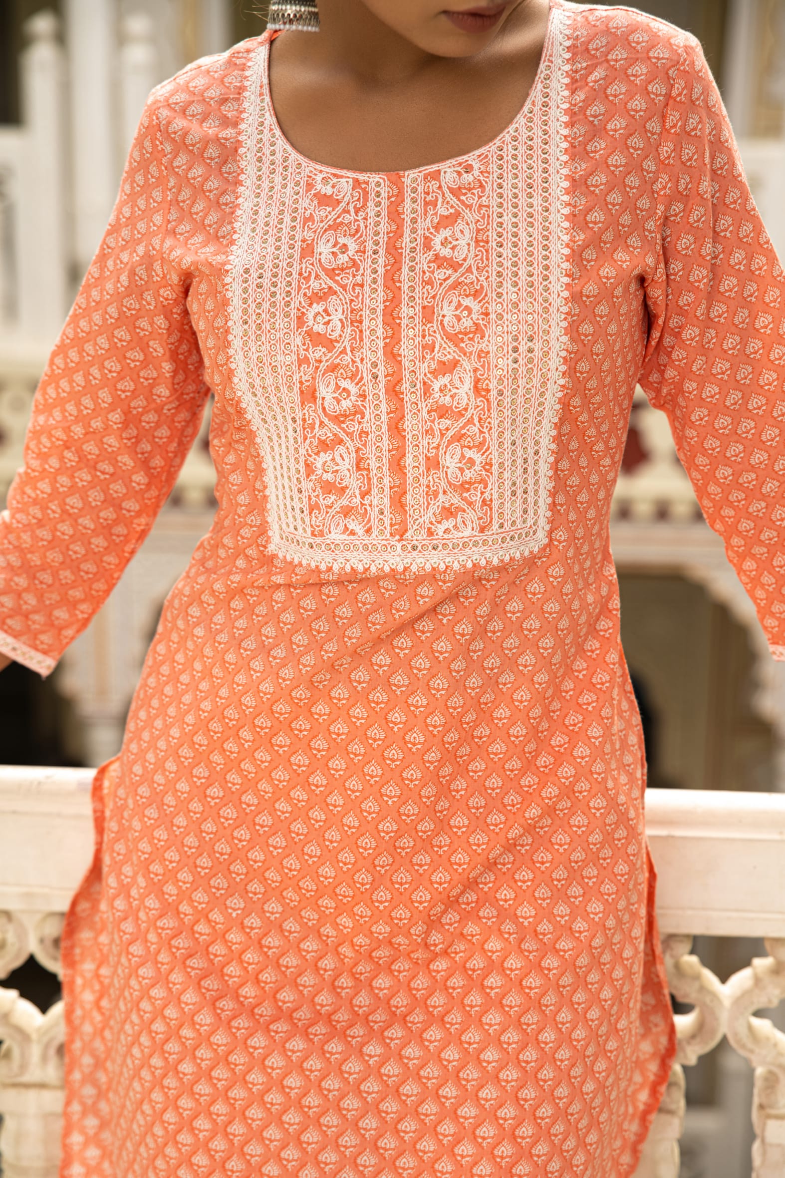 Charming Peach White Printed Cotton Kurta Pants Set