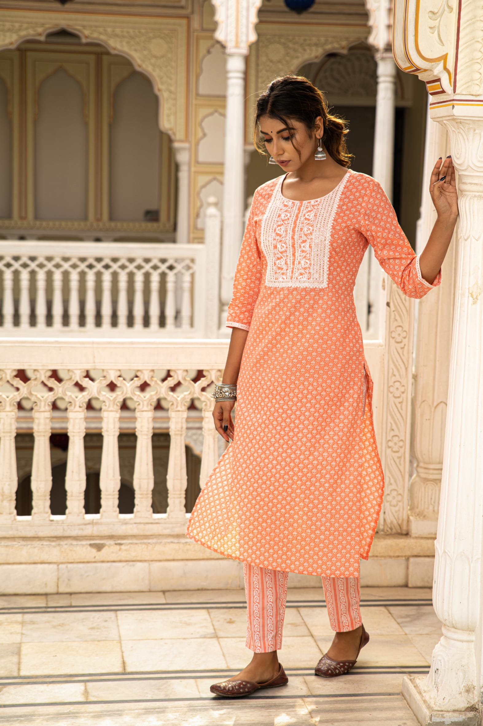 Charming Peach White Printed Cotton Kurta Pants Set