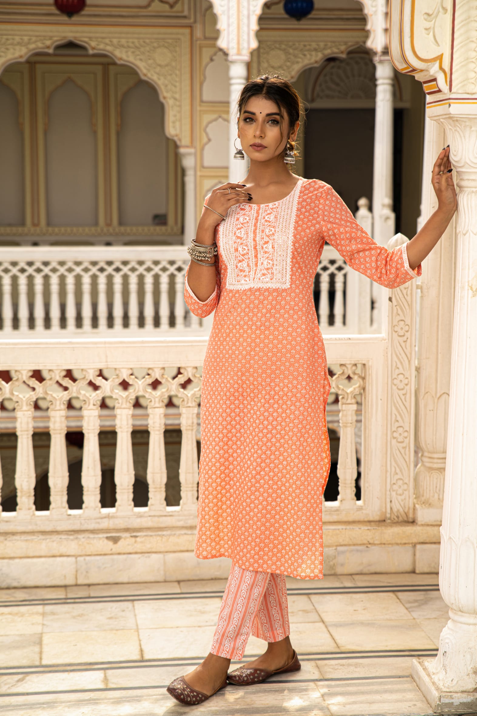 Charming Peach White Printed Cotton Kurta Pants Set