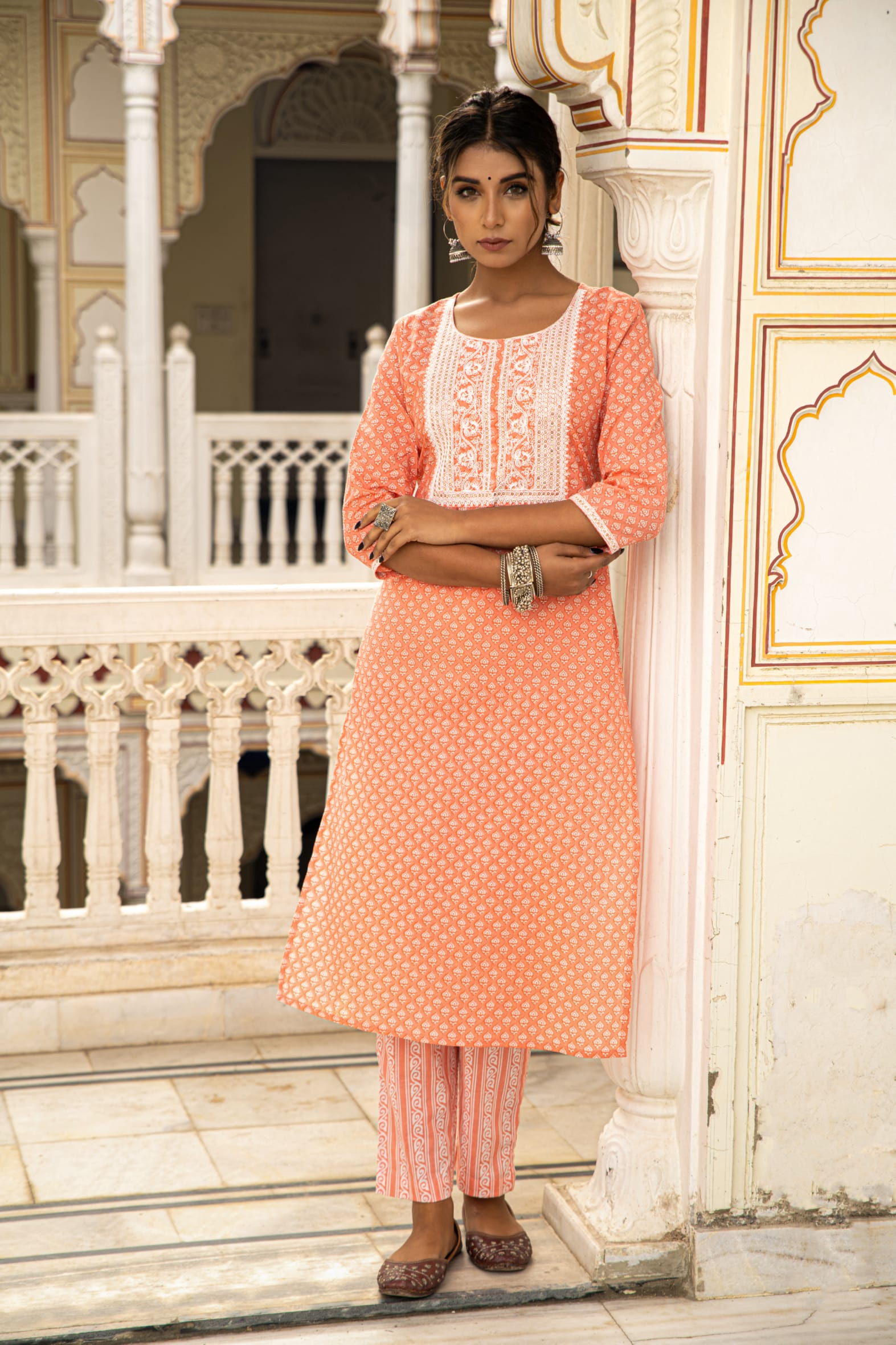 Charming Peach White Printed Cotton Kurta Pants Set