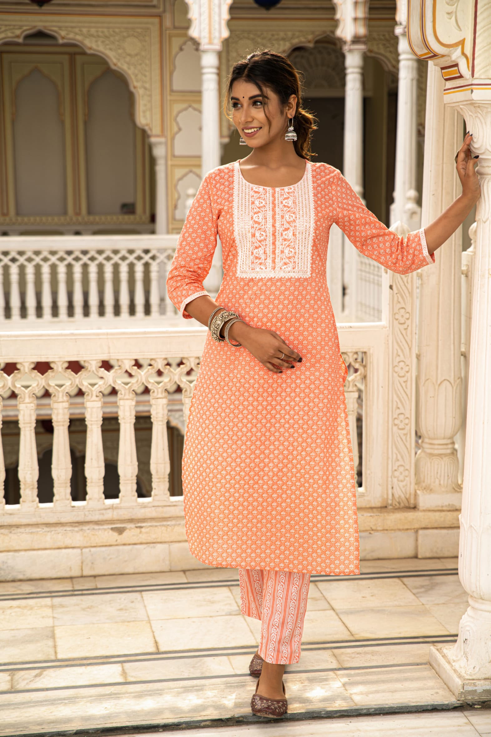 Charming Peach White Printed Cotton Kurta Pants Set