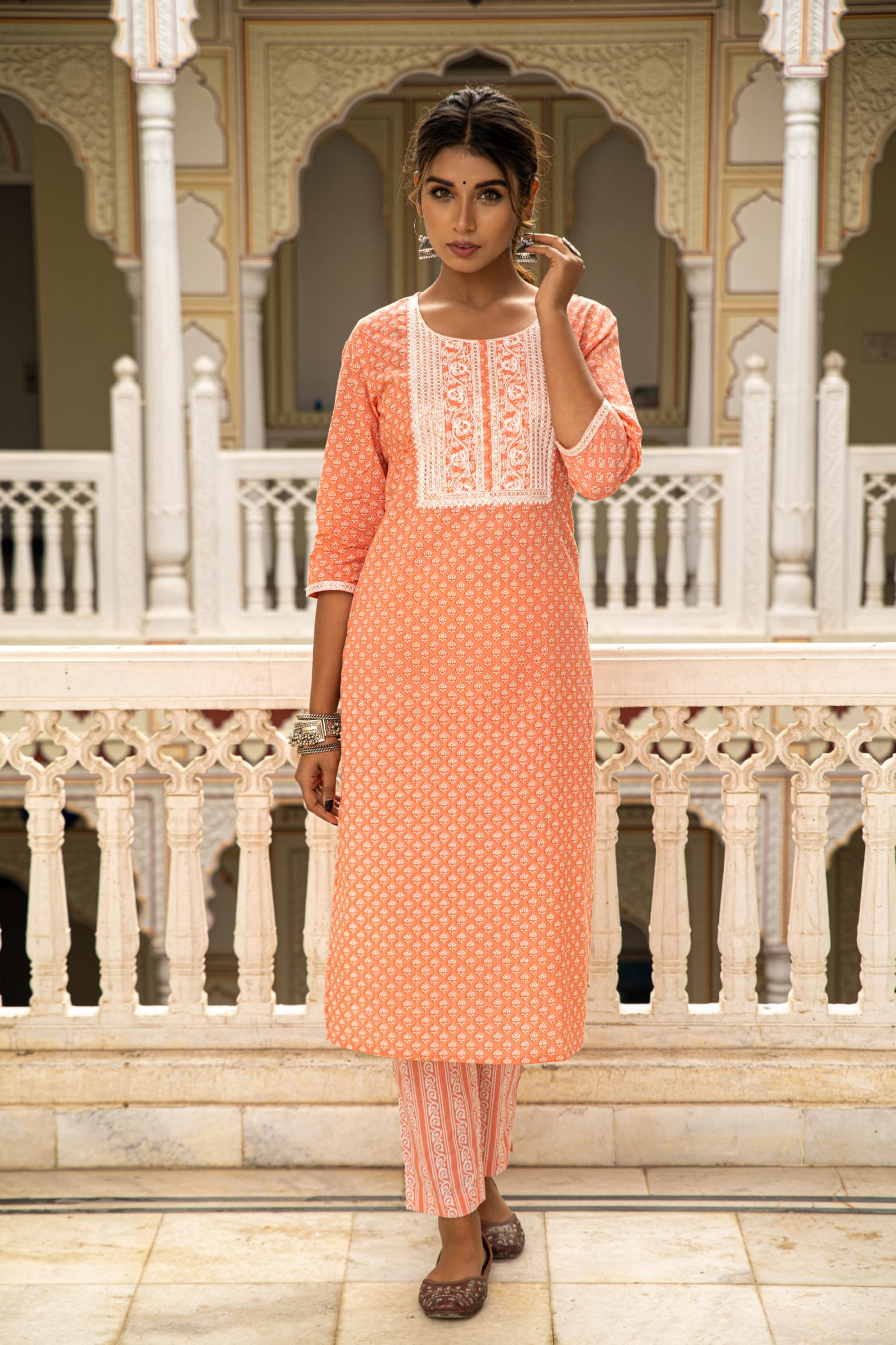 Charming Peach White Printed Cotton Kurta Pants Set