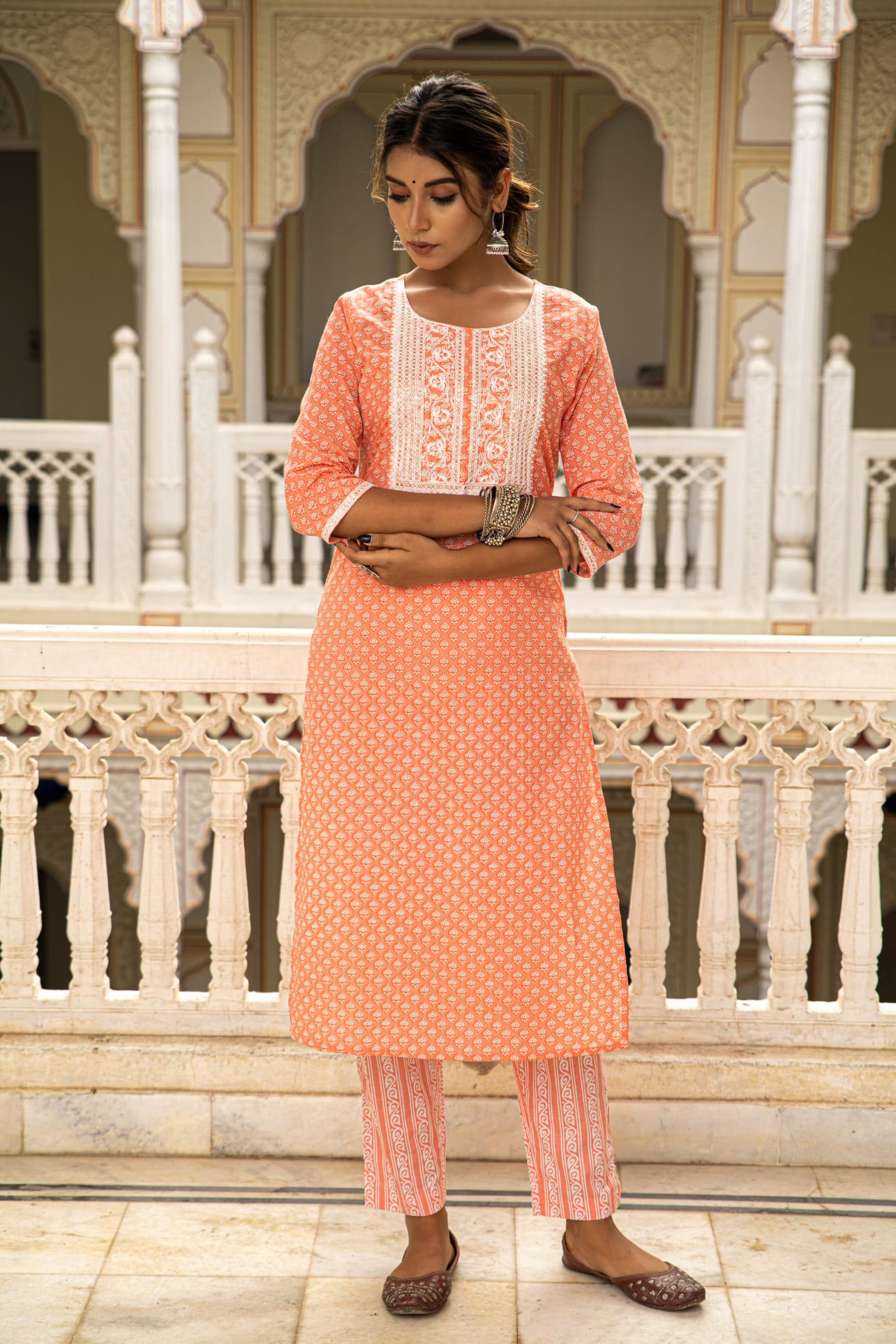 Charming Peach White Printed Cotton Kurta Pants Set
