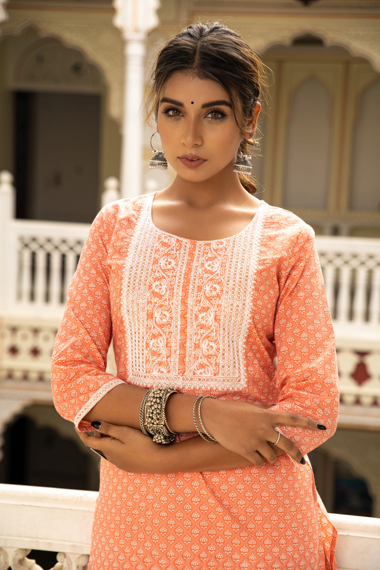 Charming Peach White Printed Cotton Kurta Pants Set