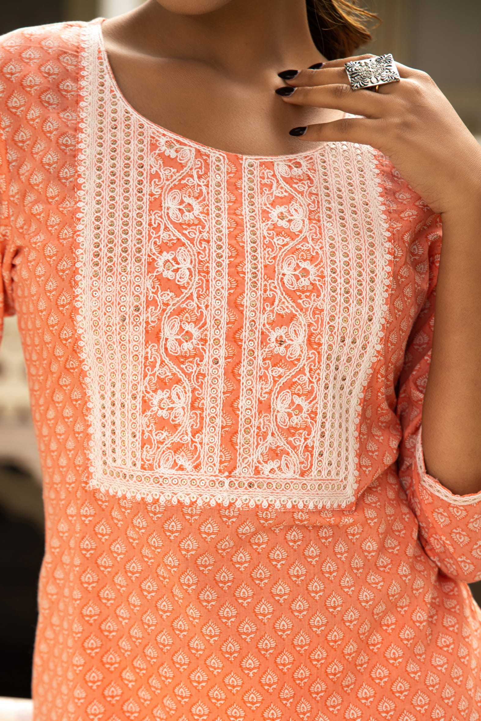 Charming Peach White Printed Cotton Kurta Pants Set