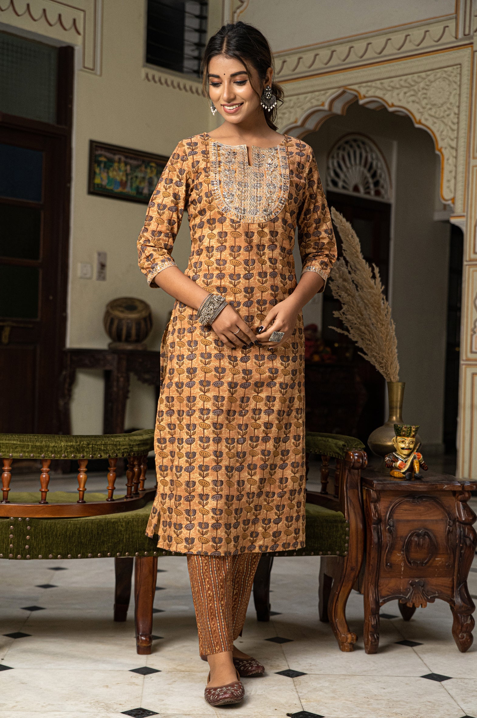 Beige Hand Block Printed Cotton Kurta Pants Set