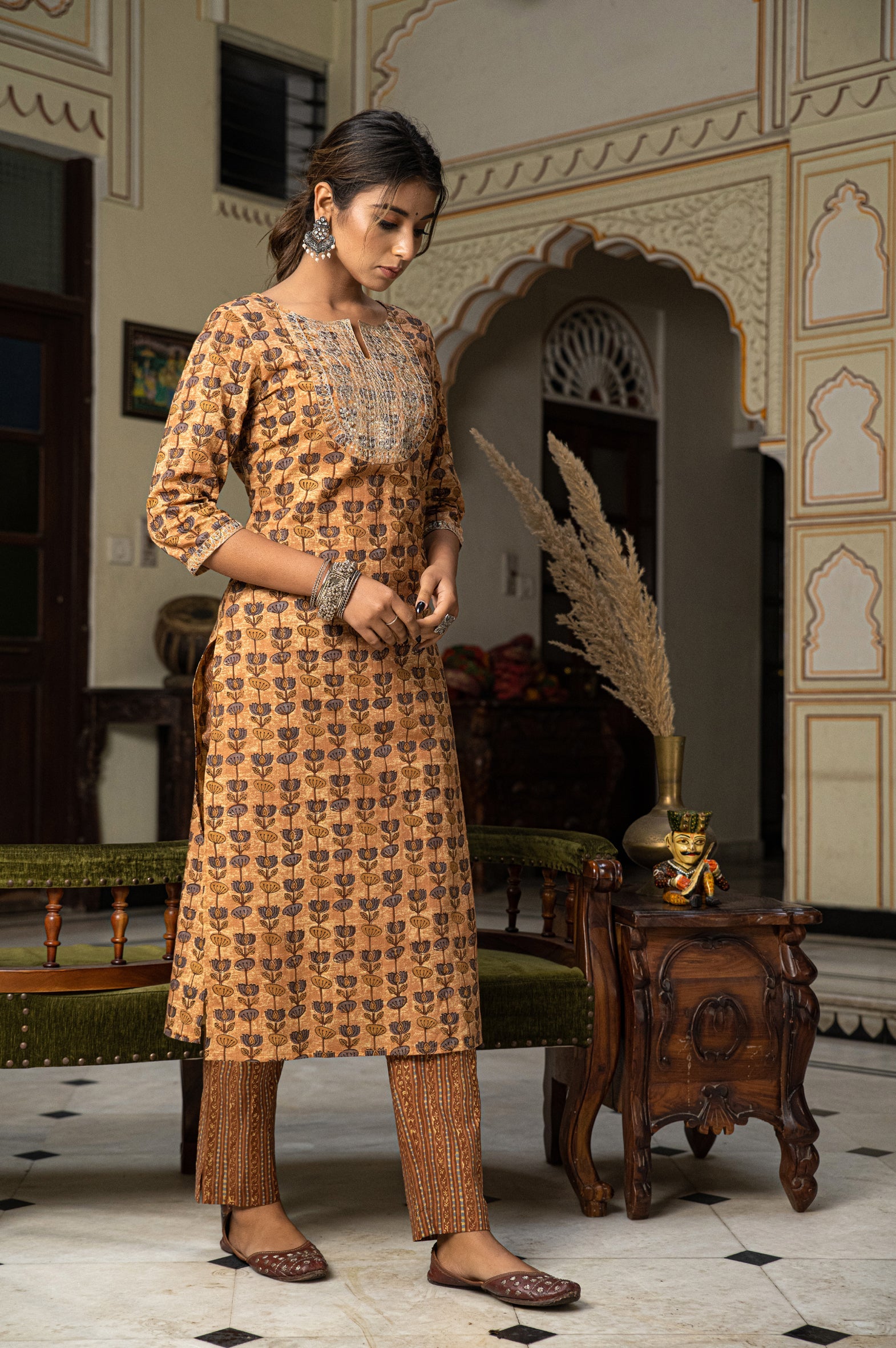 Beige Hand Block Printed Cotton Kurta Pants Set