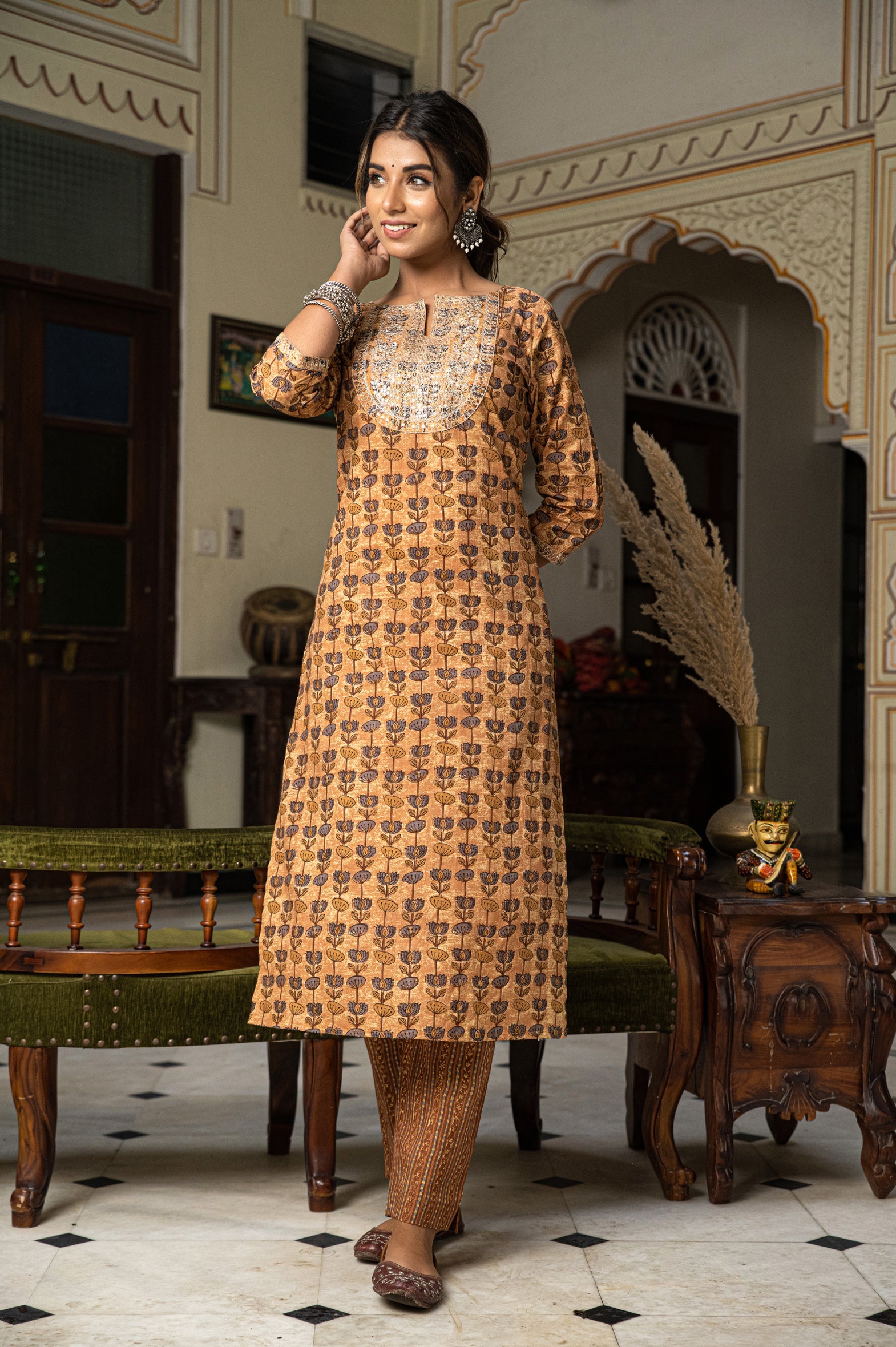 Beige Hand Block Printed Cotton Kurta Pants Set