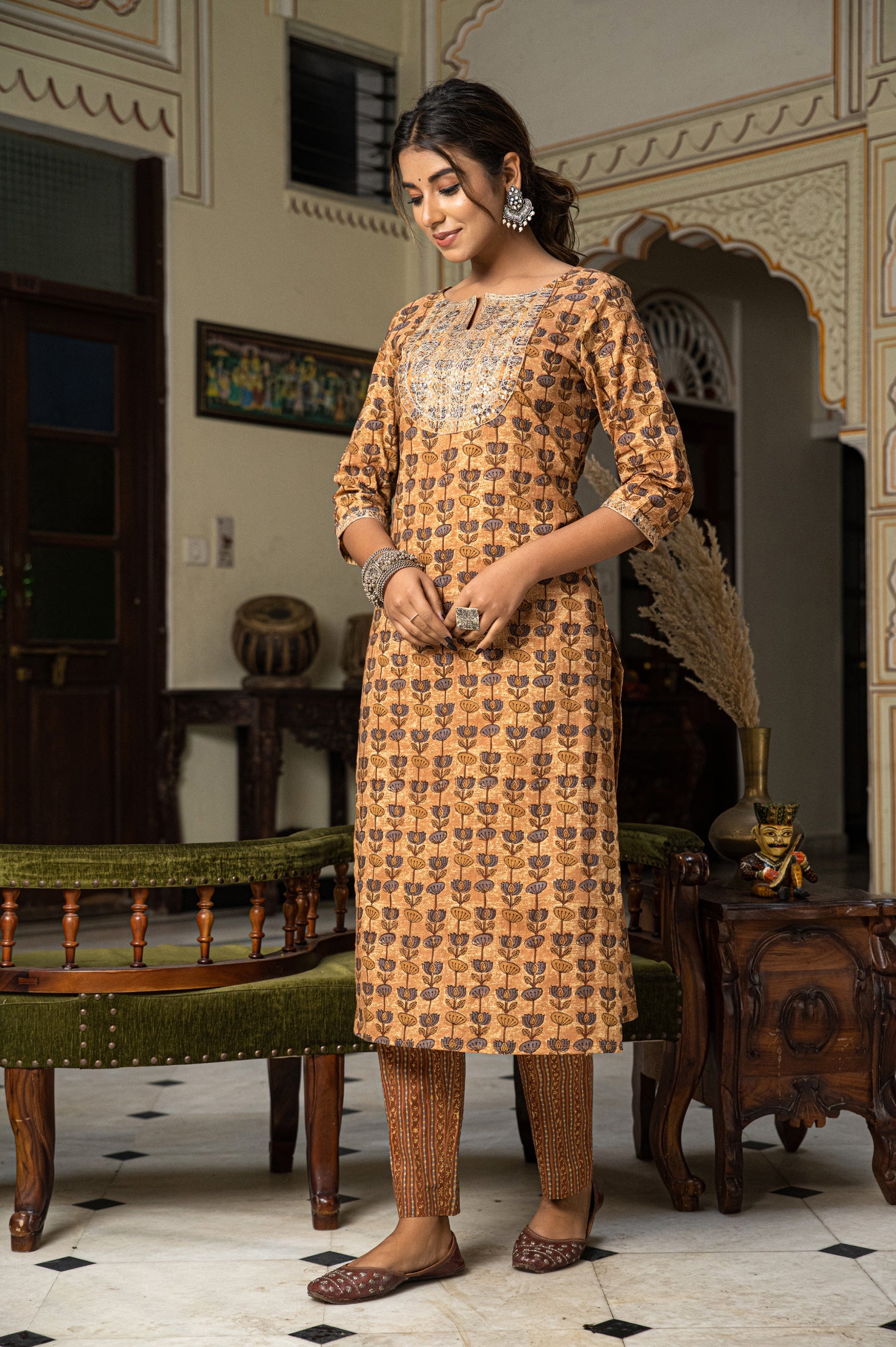Beige Hand Block Printed Cotton Kurta Pants Set