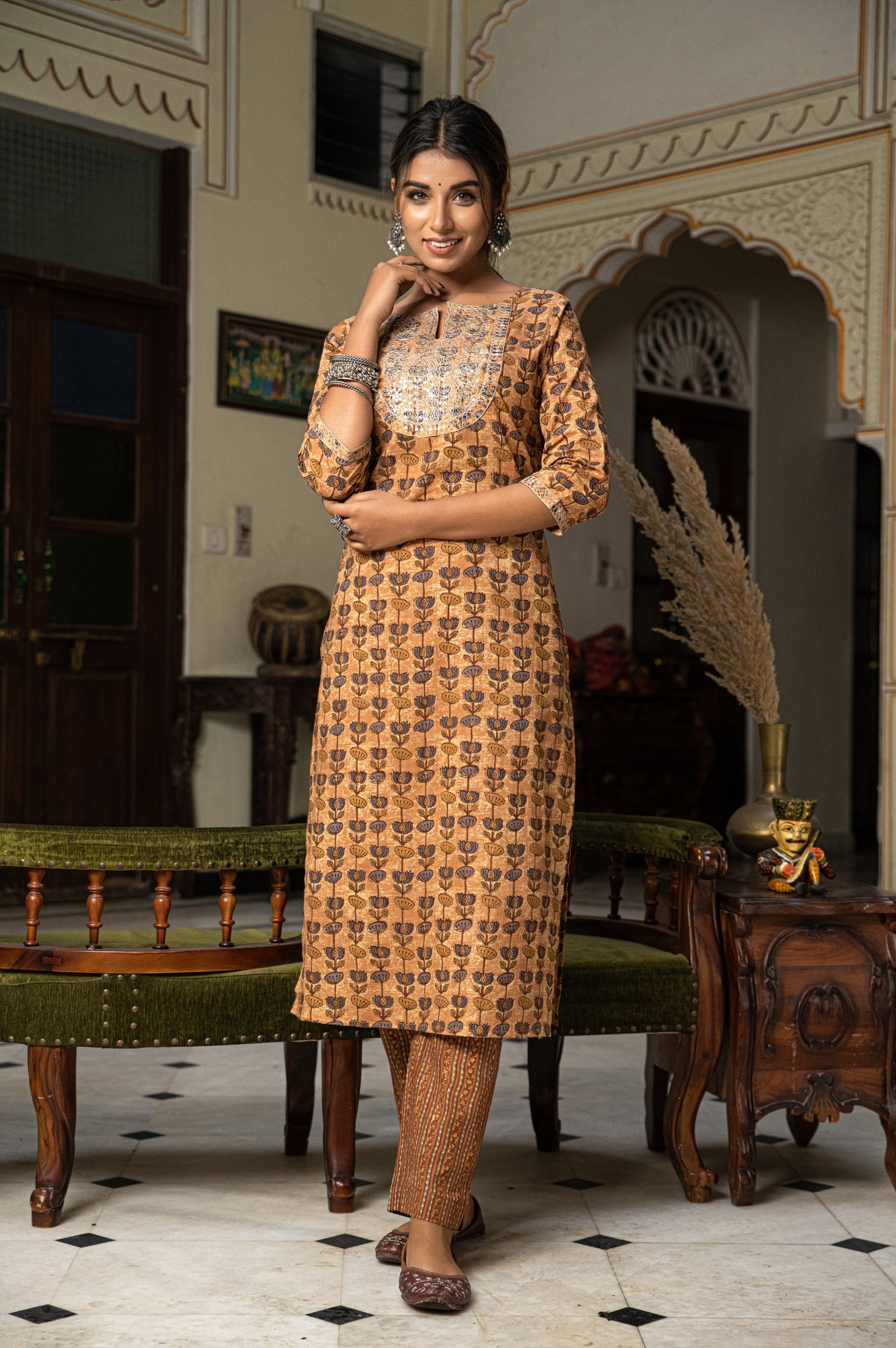 Beige Hand Block Printed Cotton Kurta Pants Set