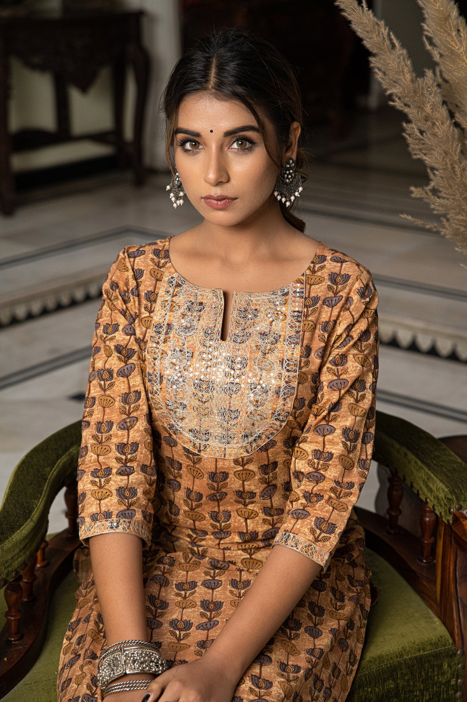 Beige Hand Block Printed Cotton Kurta Pants Set