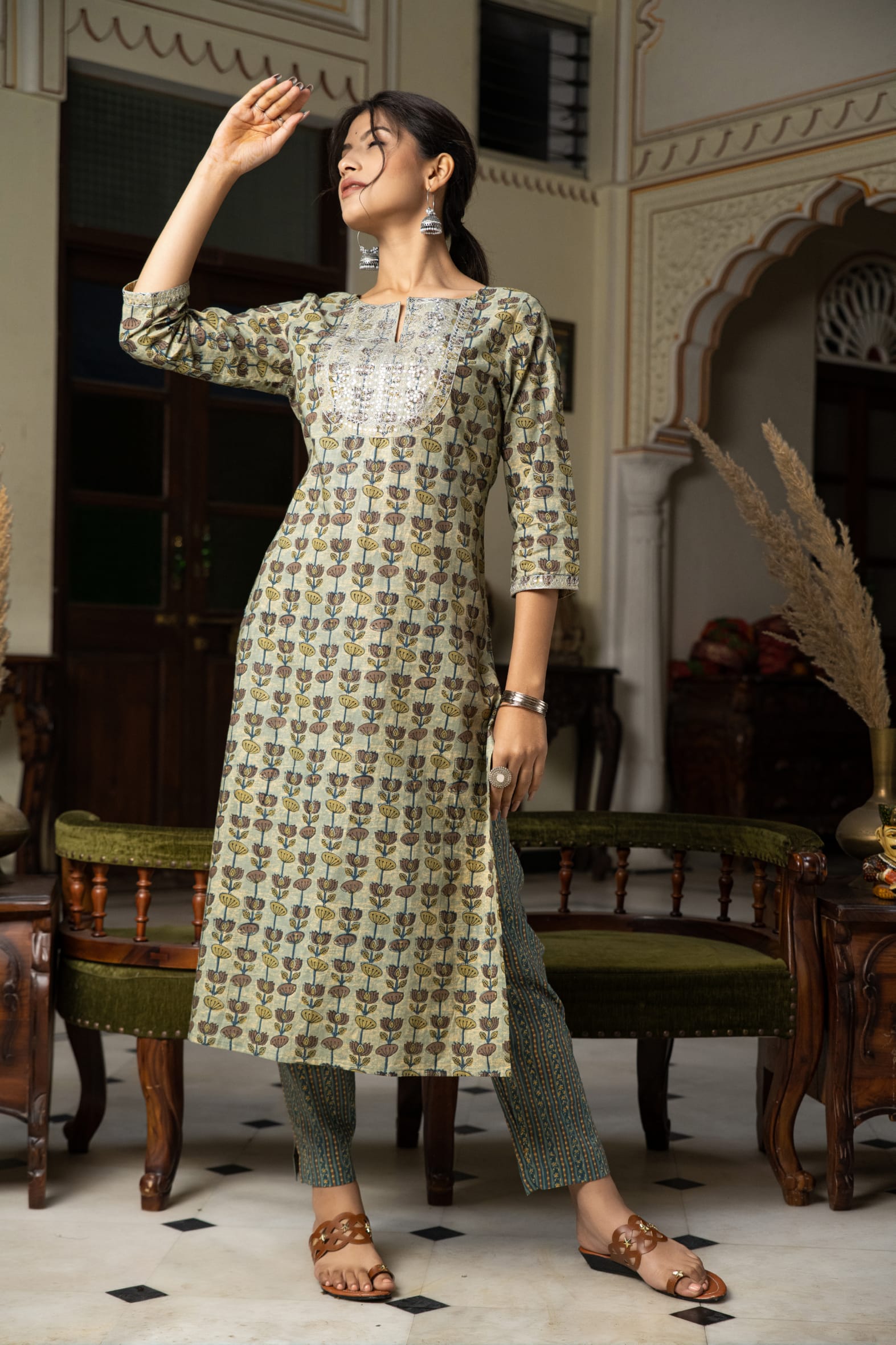 Beautiful Green Hand Block Printed Cotton Kurta Pants Set