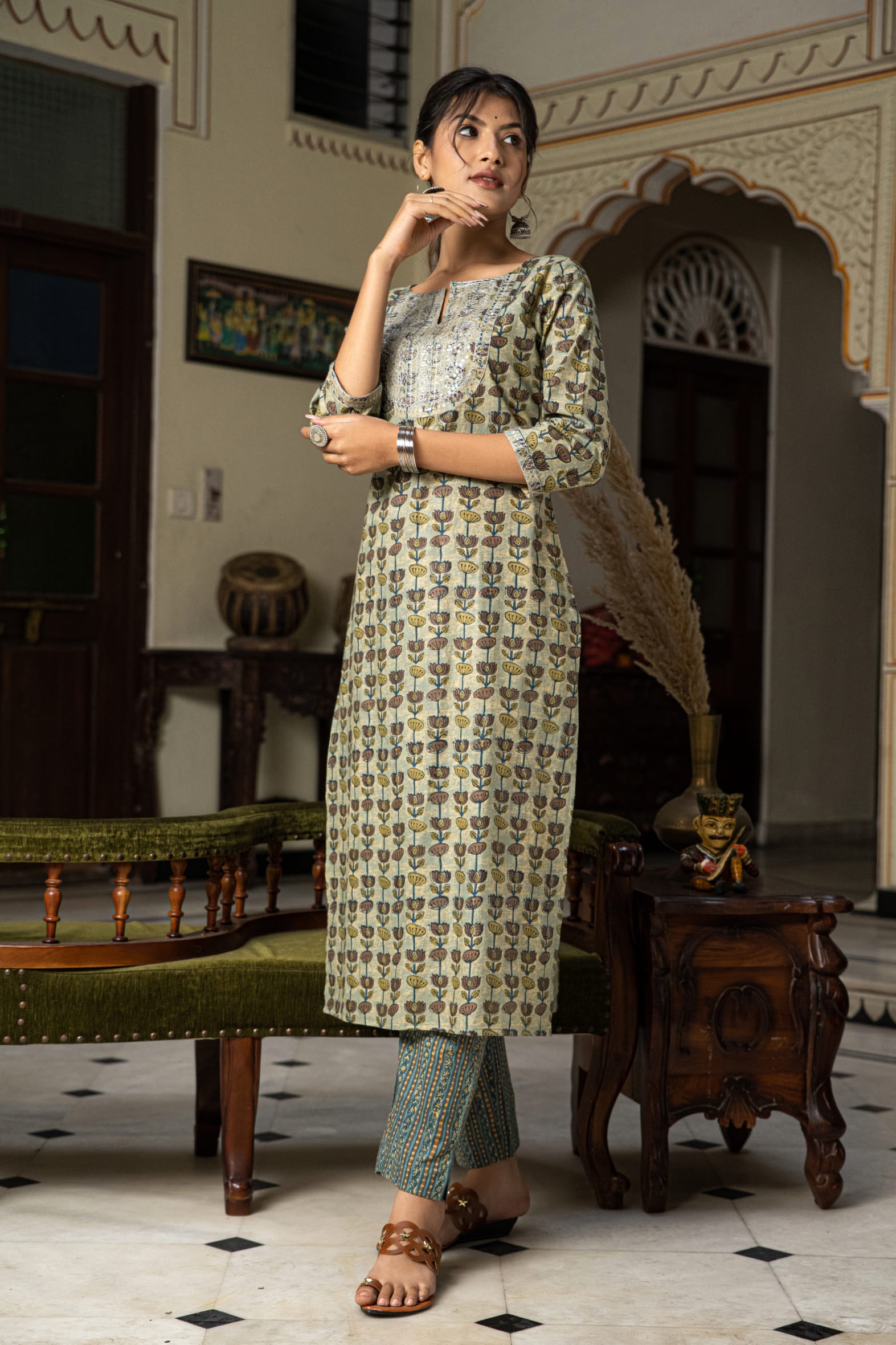 Beautiful Green Hand Block Printed Cotton Kurta Pants Set