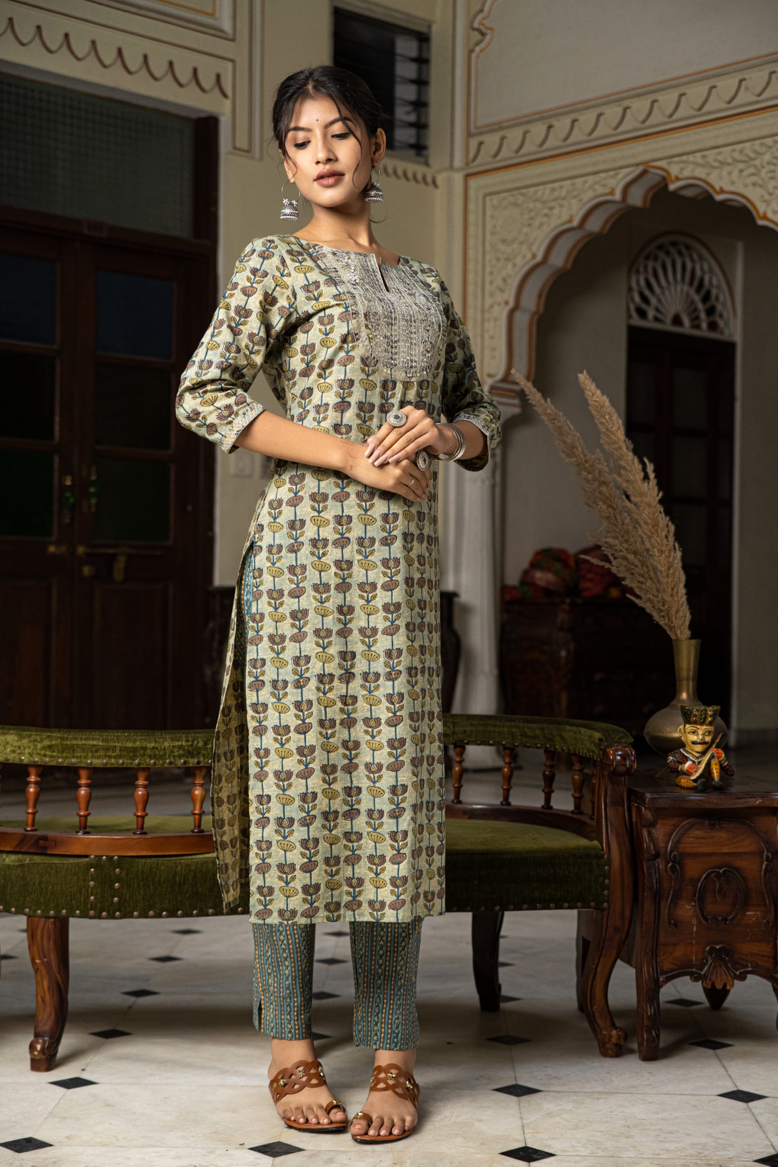 Beautiful Green Hand Block Printed Cotton Kurta Pants Set